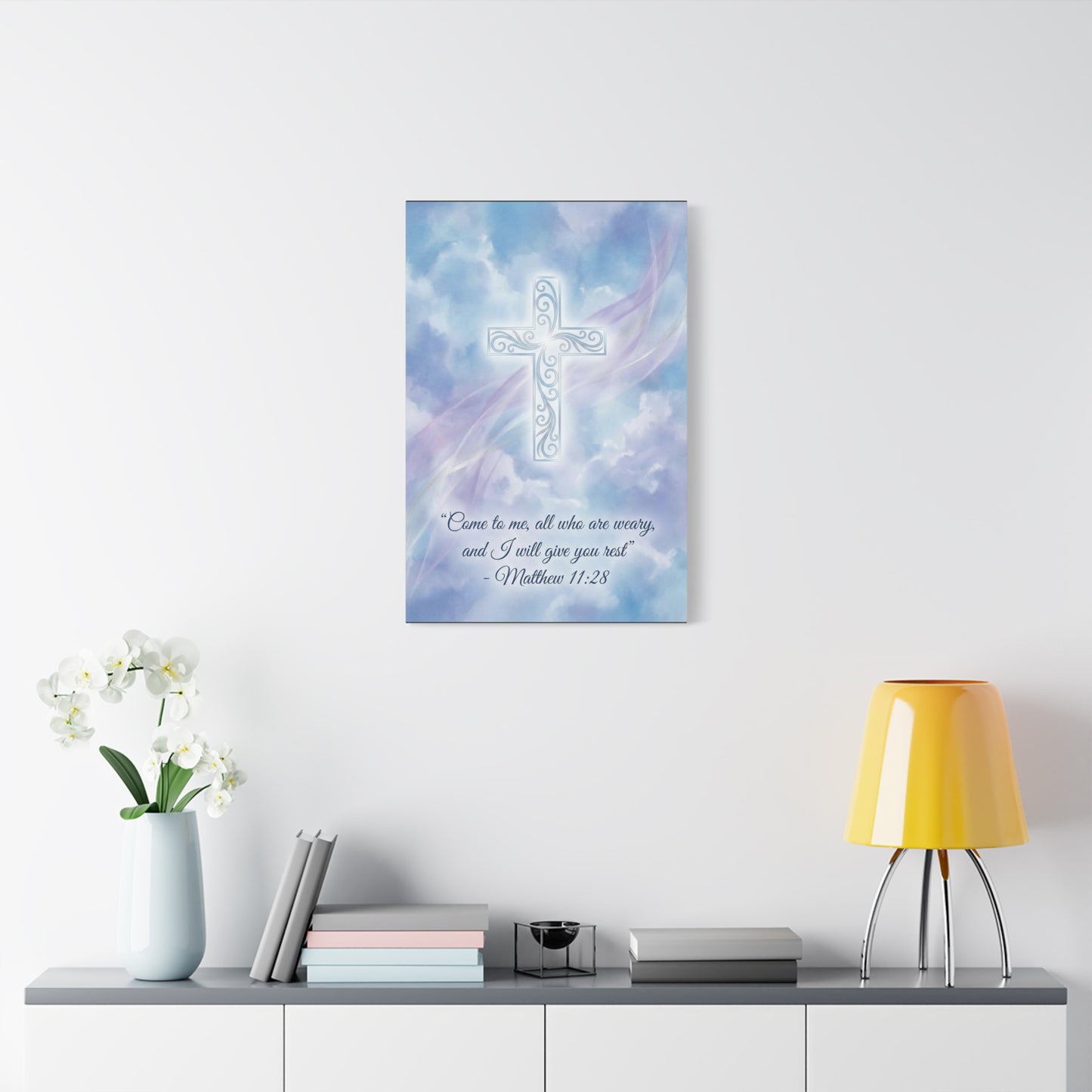 "Come To Me, All Who Are Weary, And I Will Give You Rest" Cross Canvas Wall Art - Matthew 11:28 Scripture Decor, Traditional Christian Wall Hanging, Serene Bedroom Living Room Accent - Ready to Hang