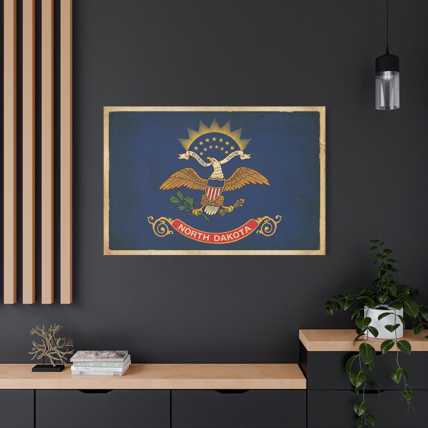 North Dakota Flag Canvas Wall Art - E Pluribus Unum Vintage State Banner Print - Patriotic Blue Eagle Emblem Decor - Rustic Americana Style - Ready to Hang - Living Room Wall Decor - Ready to Hang