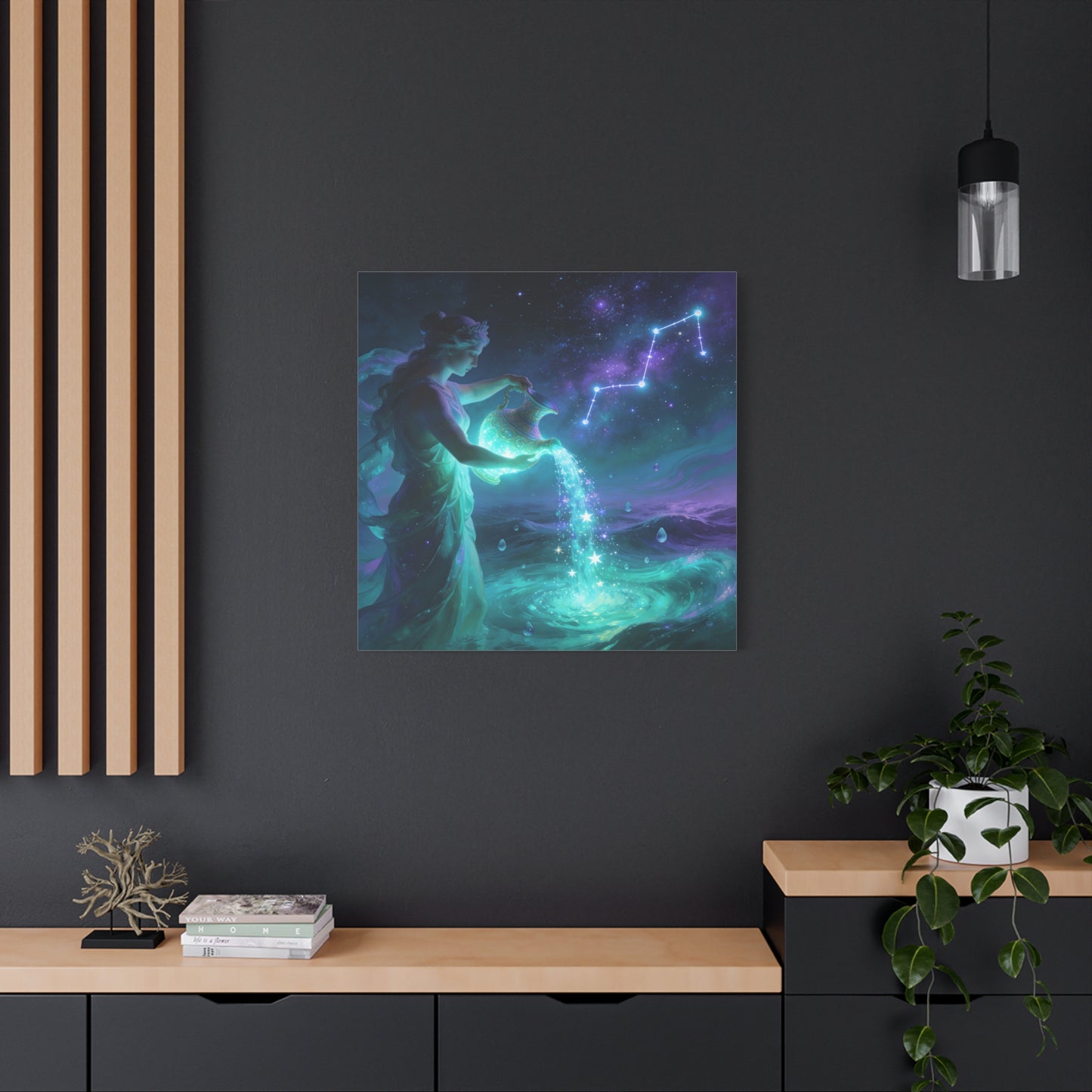 Aquarius Goddess Canvas Wall Art - Zodiac Water Bearer Celestial Galaxy Illustration - Mystical Purple Blue Fantasy Decor - Bedroom Home Decoration, Living Room Wall Decor - Bedroom Home Decoration