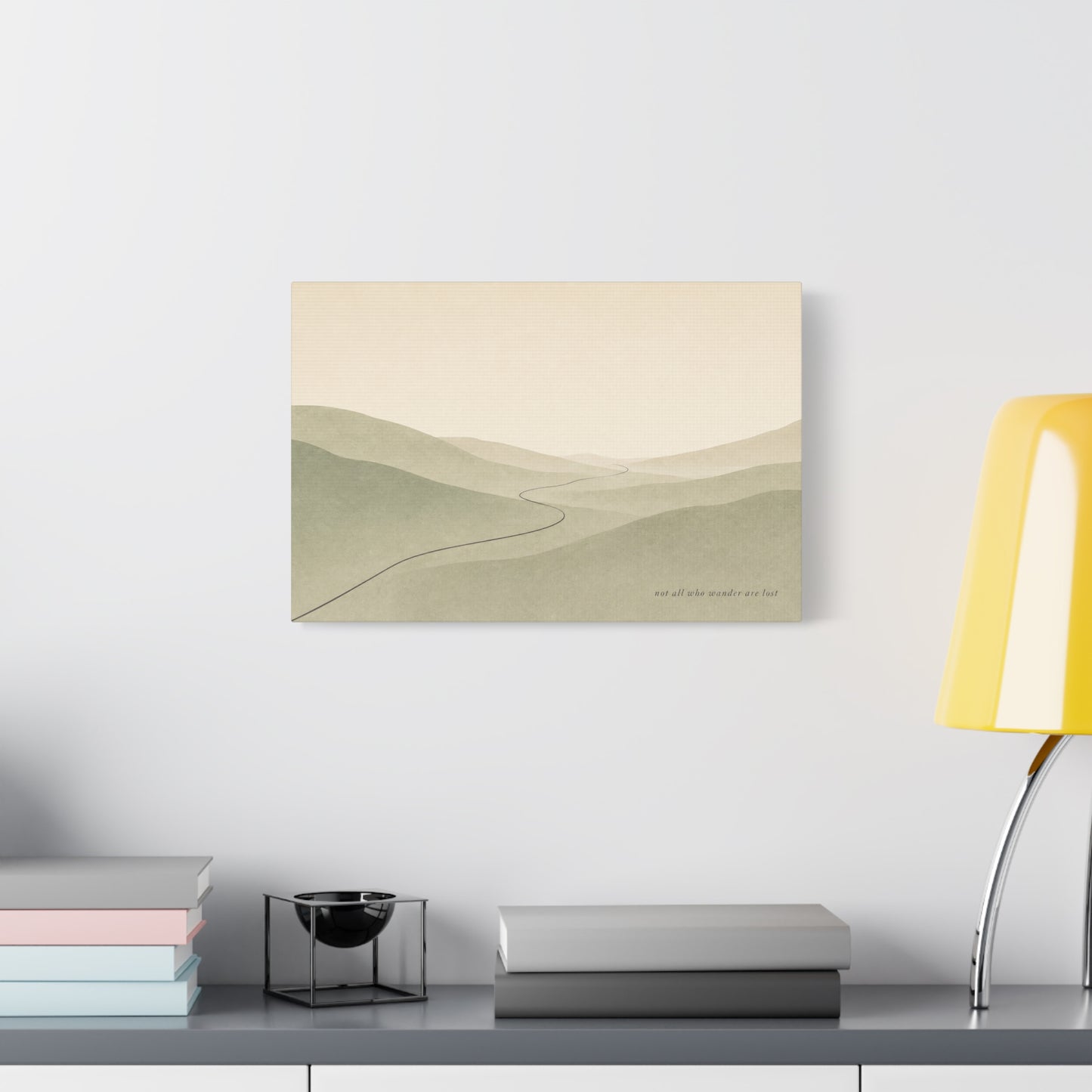 "Not All Who Wander Are Lost" Minimalist Landscape Canvas Wall Art - Misty Hills, Winding Path, Neutral Sage Beige Tones - Modern Wall Decor For Bedroom, Living Room, Home Office - Ready to Hang