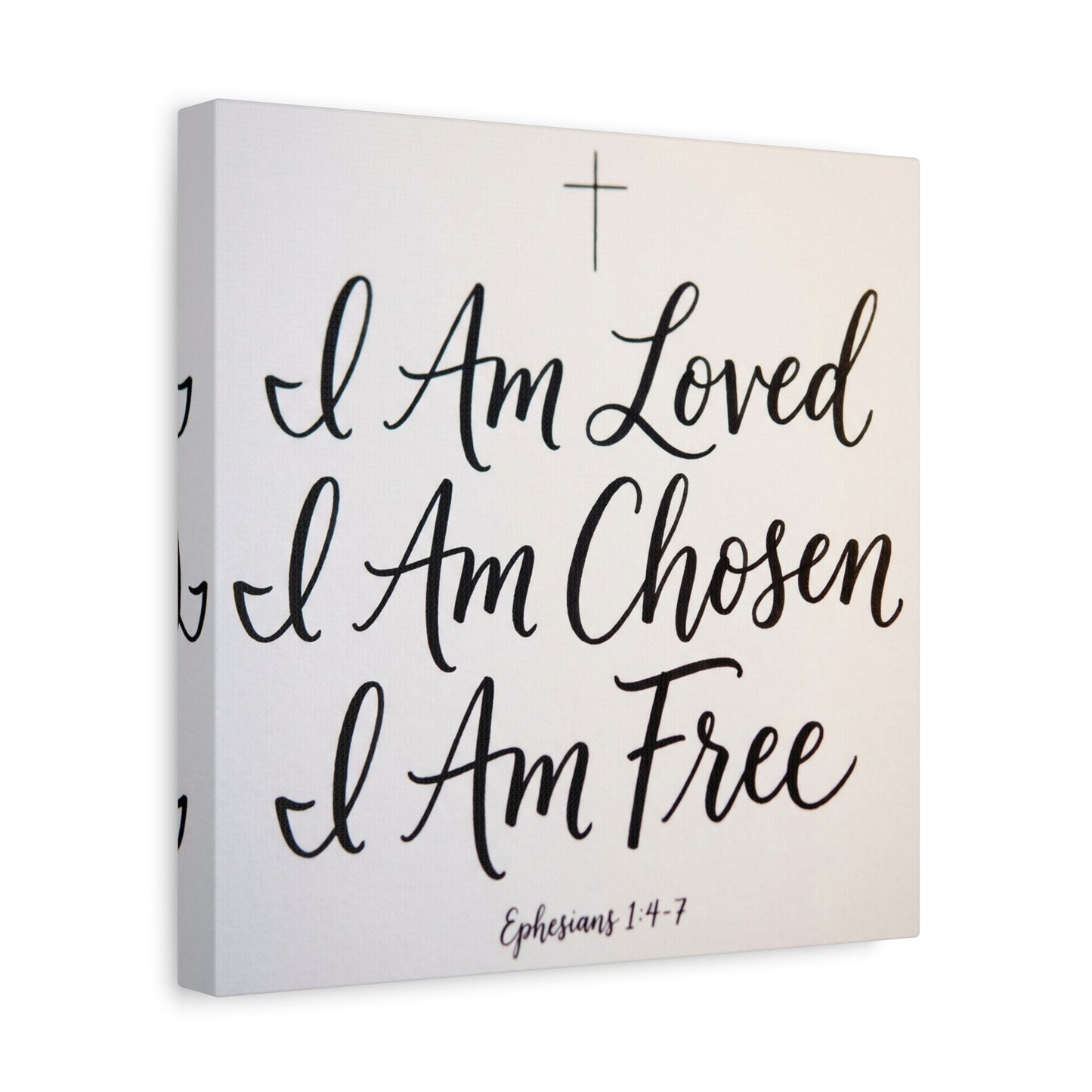 "I Am Loved, Chosen, Free" Christian Canvas Wall Art - Ephesians 1:4-7 Scripture Cross Print - Neutral Typography Decor - Bedroom Home Decoration, Living Room Wall Decor - Ready to Hang