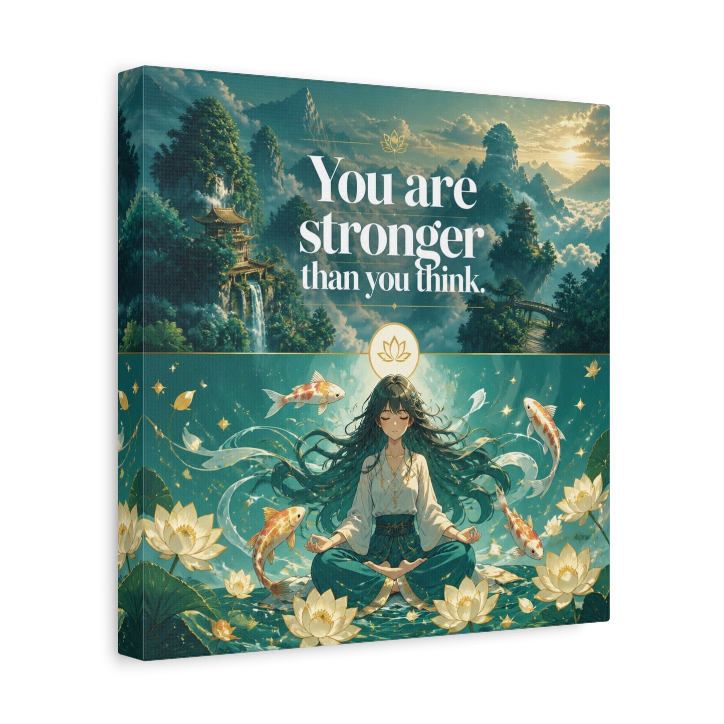 "You Are Stronger Than You Think." Inspirational Canvas Wall Art - Meditating Girl, Koi Fish, Lotus Lake - Zen Fantasy Landscape - Bedroom Wall Decor, Meditation Space, Jellyfish Room Decor