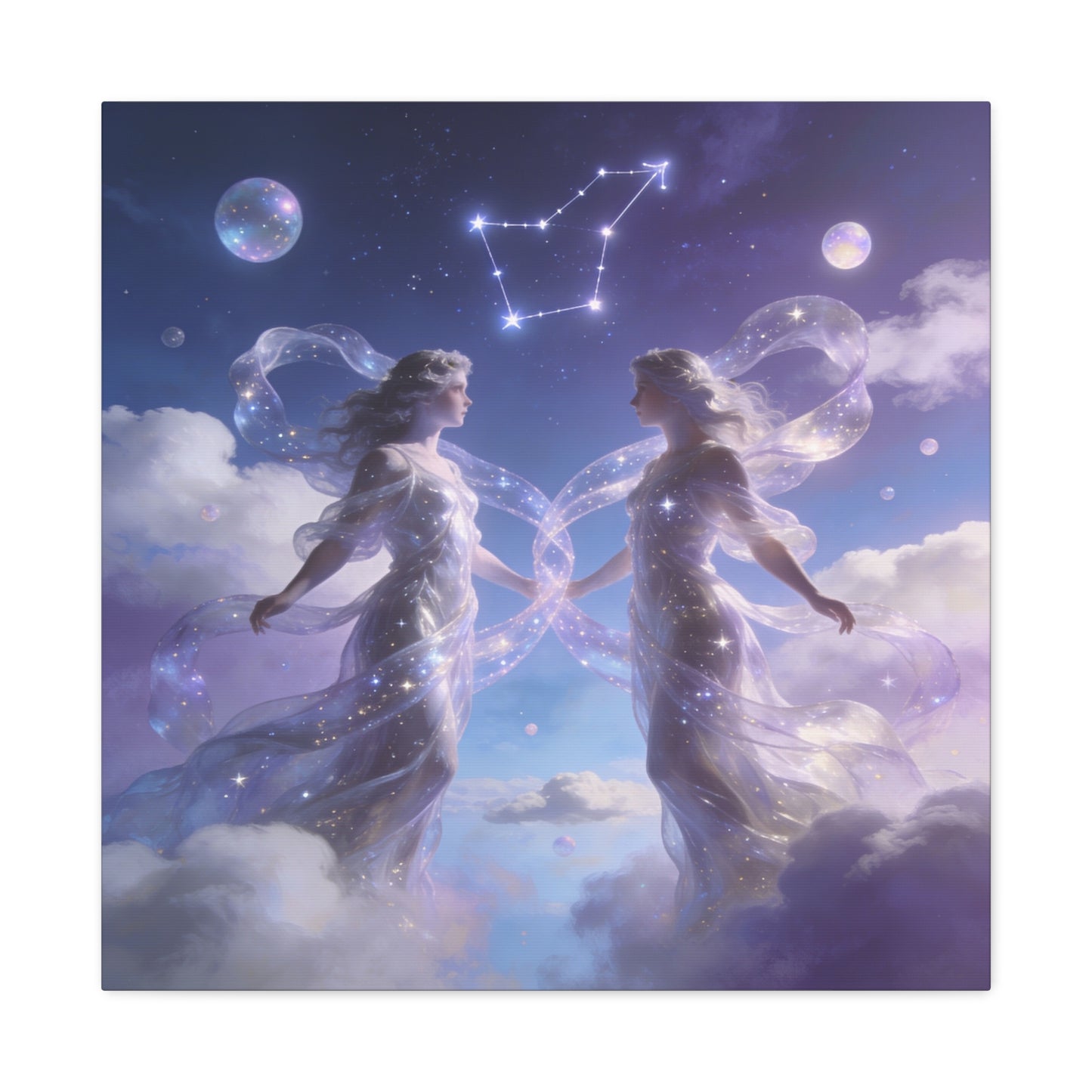 Gemini Zodiac Canvas Wall Art - Celestial Twin Women Under Constellation, Dreamy Fantasy Sky Scene - Matte Cotton Art Print - Bedroom Wall Decor, Meditation Space Accent - Bedroom Home Decoration