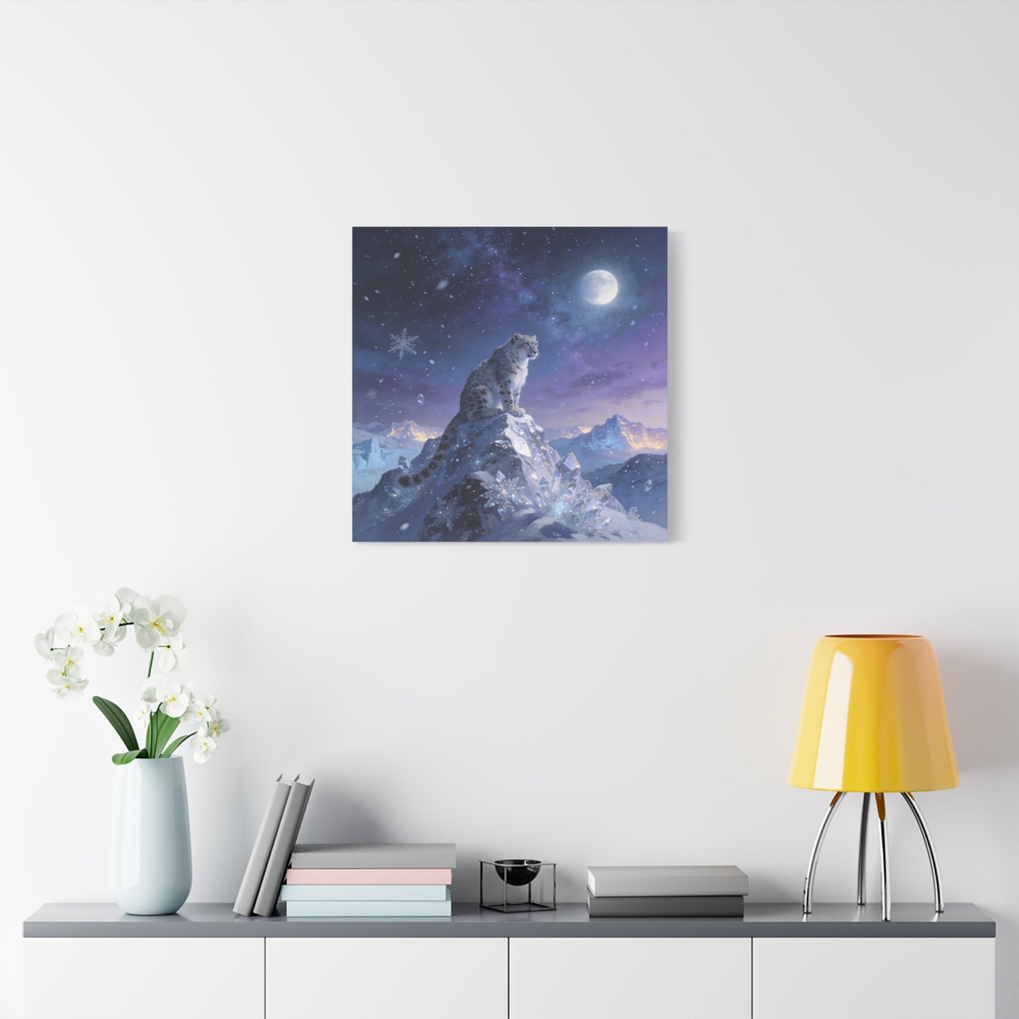 Snow Leopard Canvas Wall Art - Moonlit Arctic Crystal Landscape, Fantasy Wildlife Print - Matte Cotton Canvas - Contemporary Winter Style - Living Room Wall Decor Bedroom Home Decoration