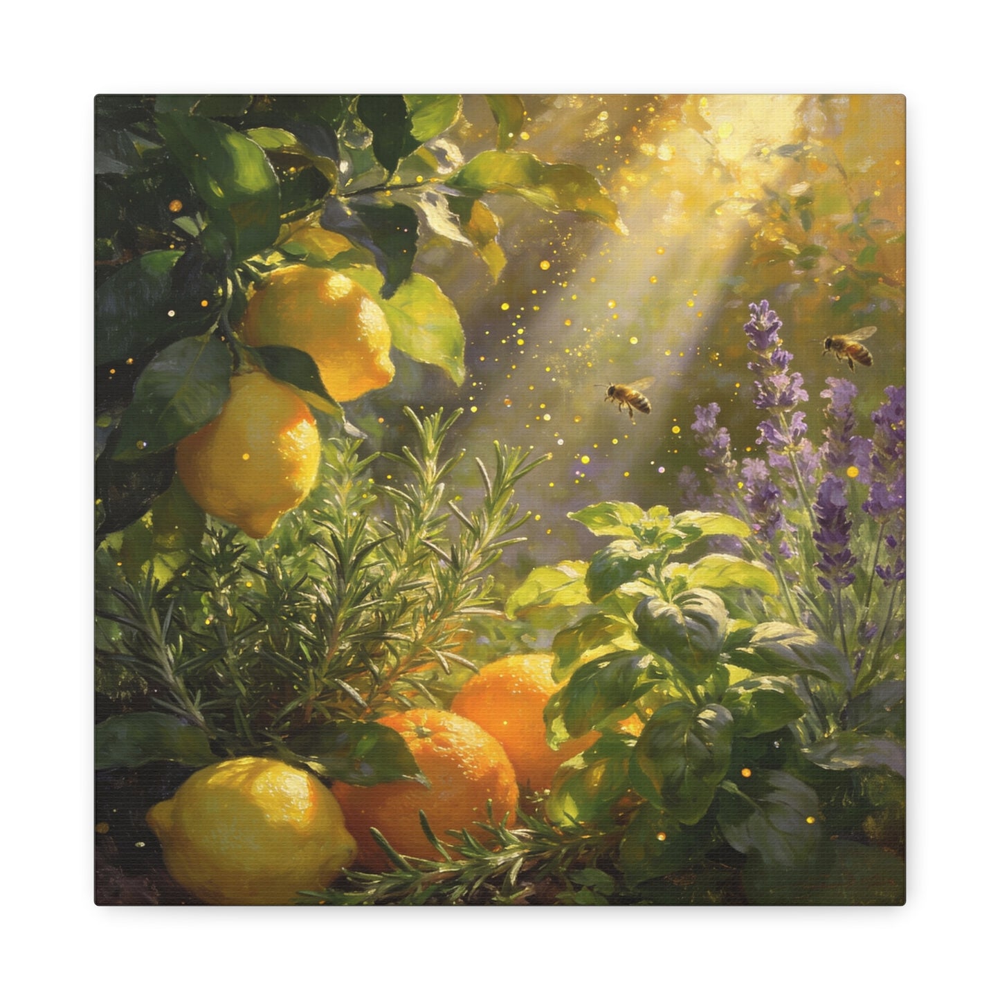 Lemon Herb Garden Canvas Wall Art - Bees, Lavender, Rosemary, Sunlit Botanical Painting - Matte Cotton Print, Rustic Farmhouse Style - Kitchen Wall Decor, Dining Room Accent - Bedroom Home Decoration