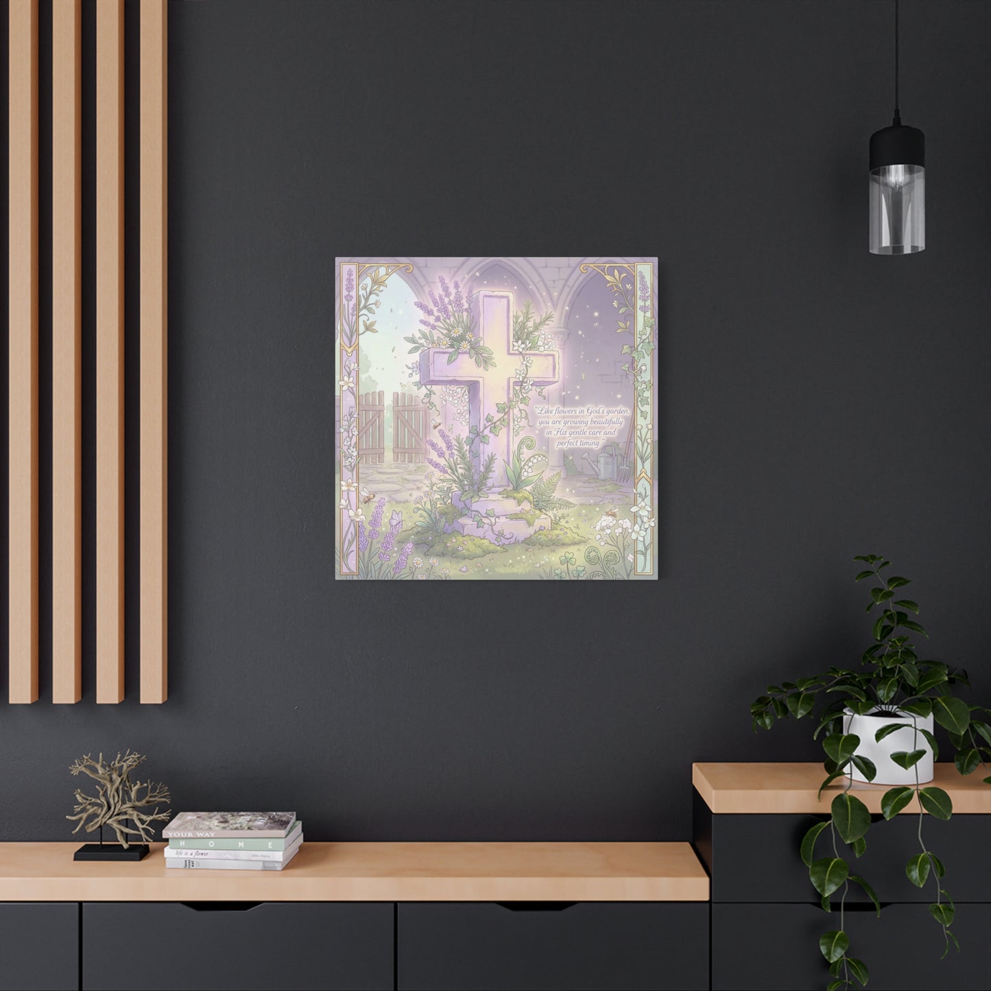 "Like Flowers In God's Garden, You Are Growing Beautifully" Christian Canvas Wall Art - Floral Cross Scripture Decor - Lavender Garden Illustration - Bedroom Home Decoration, Living Room Accent