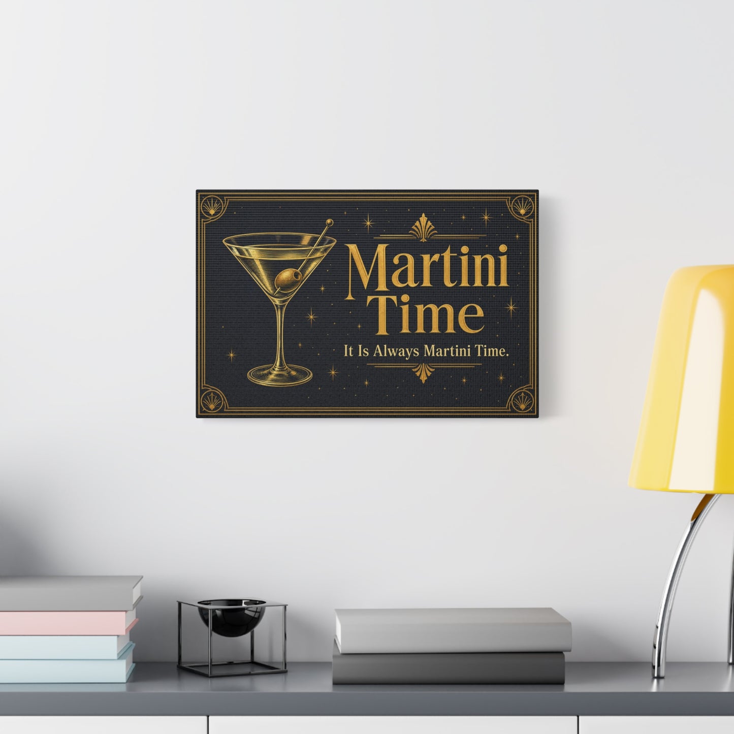 "Martini Time" Cocktail Canvas Wall Art - Art Deco Martini Glass Quote Print, Black And Gold Bar Cart Decor, Vintage Lounge Style - Ready to Hang - Ready to Hang - Tavern Wall Decor - HP Latex Print