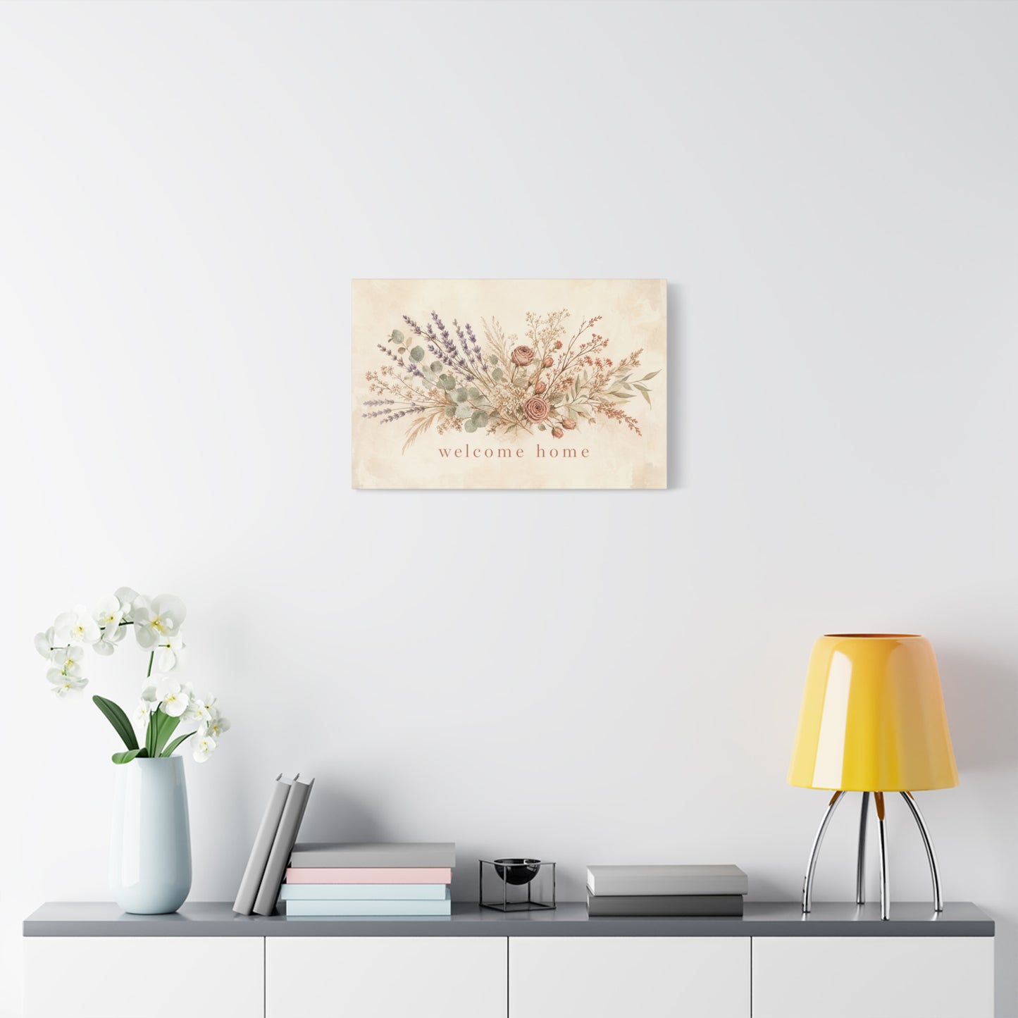 "Welcome Home" Floral Canvas Wall Art - Rustic Botanical Bouquet, Lavender Rose Eucalyptus Print - Farmhouse Wall Decor, Entryway Home Decoration - Ready to Hang - Modern Farmhouse Style