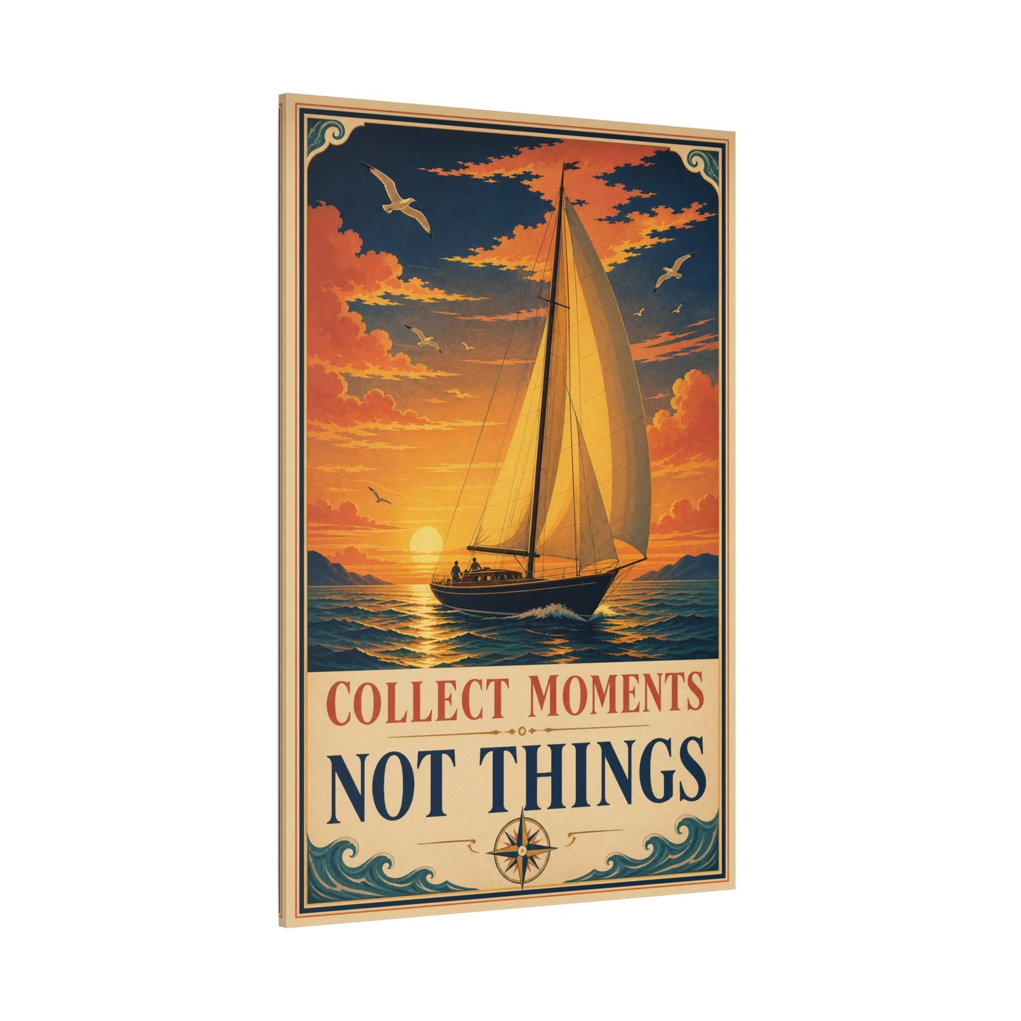 "Collect Moments Not Things" Sailboat Canvas Wall Art - Vintage Nautical Sunset Seascape, Inspirational Ocean Poster Style - Coastal Living Room Wall Decor, Bedroom Home Decoration - Ready to Hang