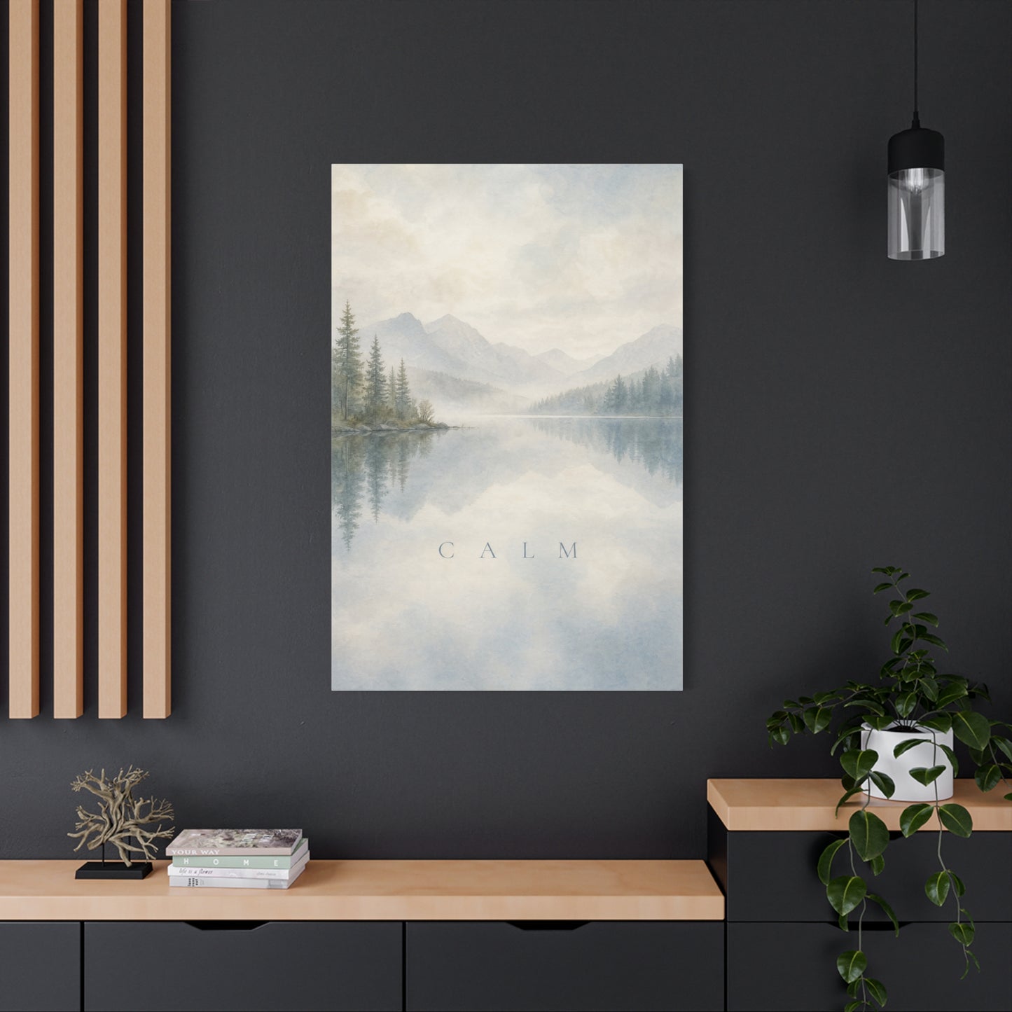 "Calm" Mountain Lake Canvas Wall Art - Misty Pine Forest Reflection Print - Serene Blue Landscape - Minimalist Nature Decor - Bedroom Home Decoration, Meditation Space - Living Room Wall Decor