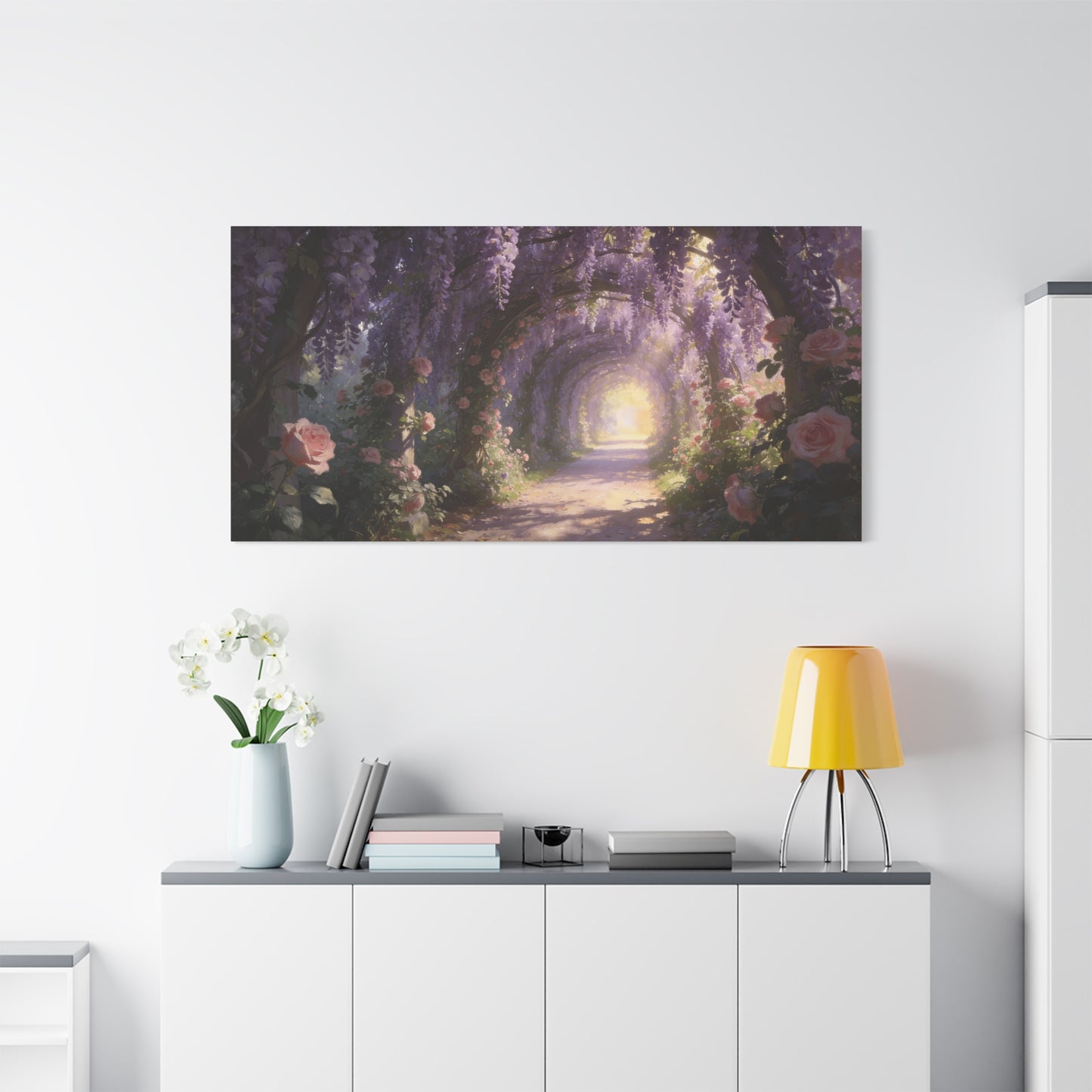 Wisteria Rose Garden Path Canvas Wall Art - Dreamy Floral Tunnel, Luminous Painterly Scene - Gallery Wrapped Cotton Print - Bedroom Wall Decor, Bohemian Home Accent - Bedroom Home Decoration