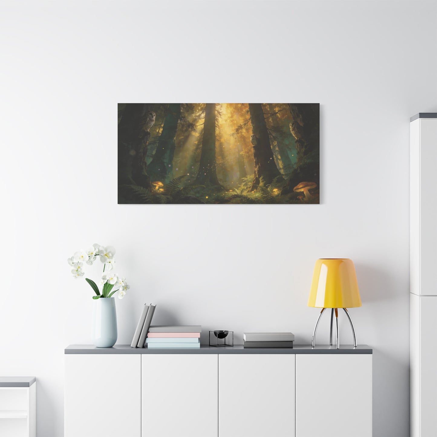 Owl Forest Canvas Wall Art - Sunbeams, Mushrooms, Fern Woodland Scene - Matte Cotton Print - Mystical Nature Style - Living Room Wall Decor, Bedroom Home Decoration - Bedroom Home Decoration