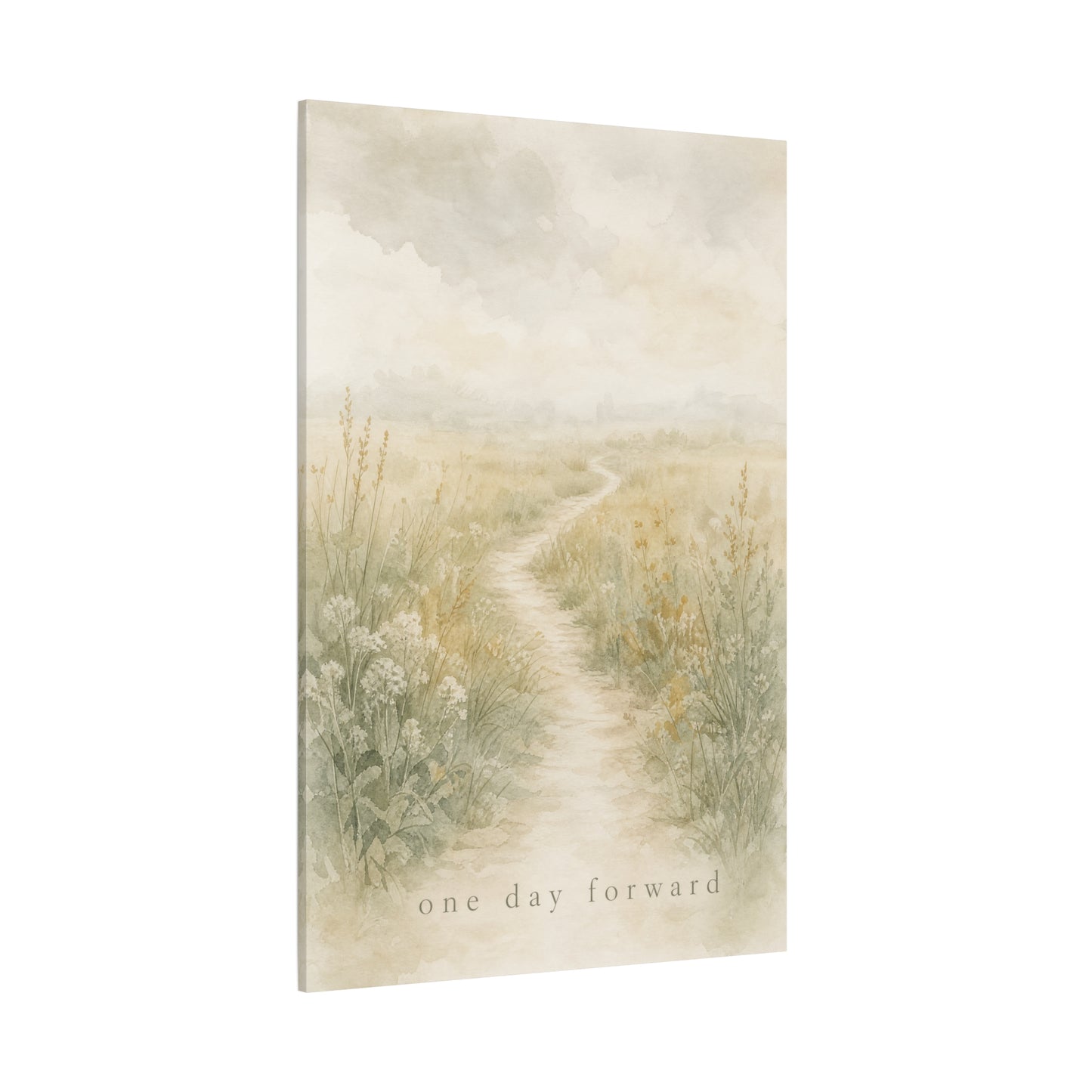 "One Day Forward" Inspirational Canvas Wall Art - Soft Meadow Path Watercolor Print, Neutral Sage Beige Botanical Landscape, Bedroom Wall Decor, Meditation Space Home Decoration - Ready to Hang