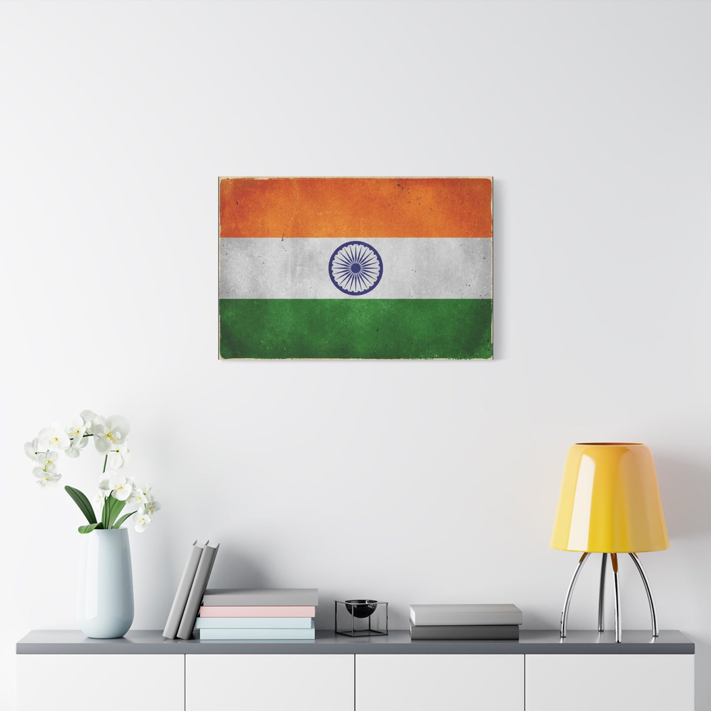India Flag Canvas Wall Art - Vintage Tricolor Ashoka Chakra Print, Patriotic Textured Artwork - Distressed Saffron White Green Design - Living Room Decor, Office Wall Accent - Bedroom Home Decoration