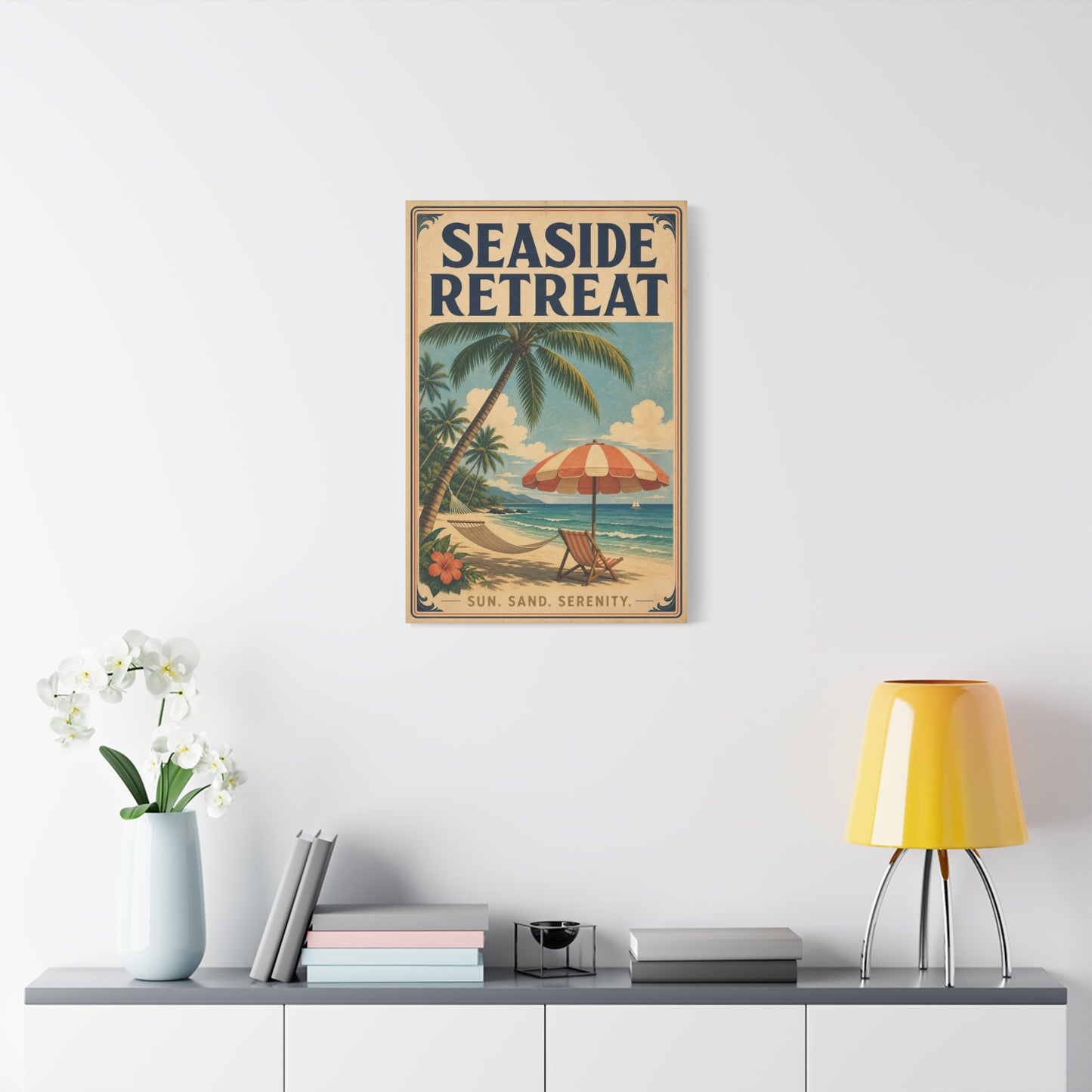 "Seaside Retreat" Tropical Beach Canvas Wall Art - Vintage Coastal Palm Tree Hammock Poster Print, Sun Sand Serenity Typography, Retro Ocean Decor For Bedroom Living Room - Living Room Wall Decor