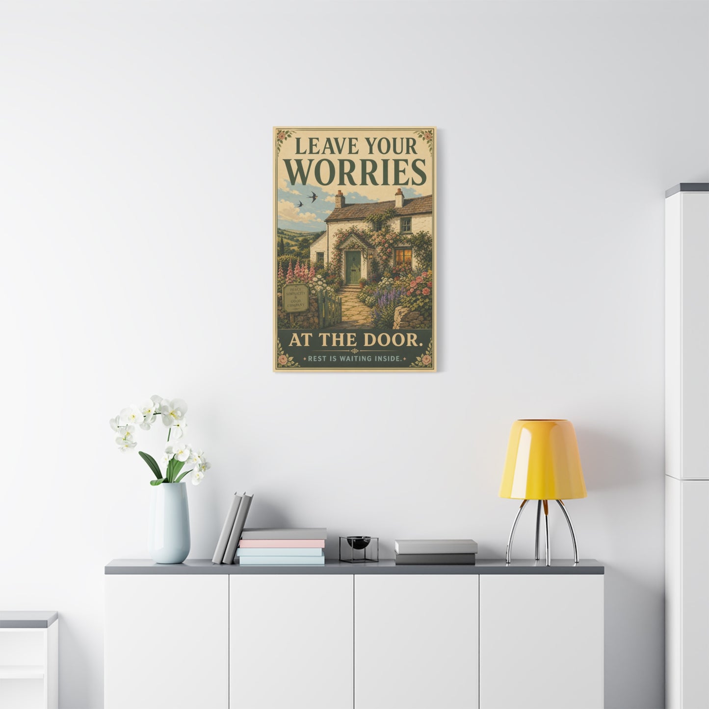"Leave Your Worries At The Door. Rest Is Waiting Inside." Canvas Wall Art - Vintage Cottage Garden Quote Print, Floral Farmhouse Style, Bedroom Home Decoration, Entryway Decor - Living Room Wall Decor