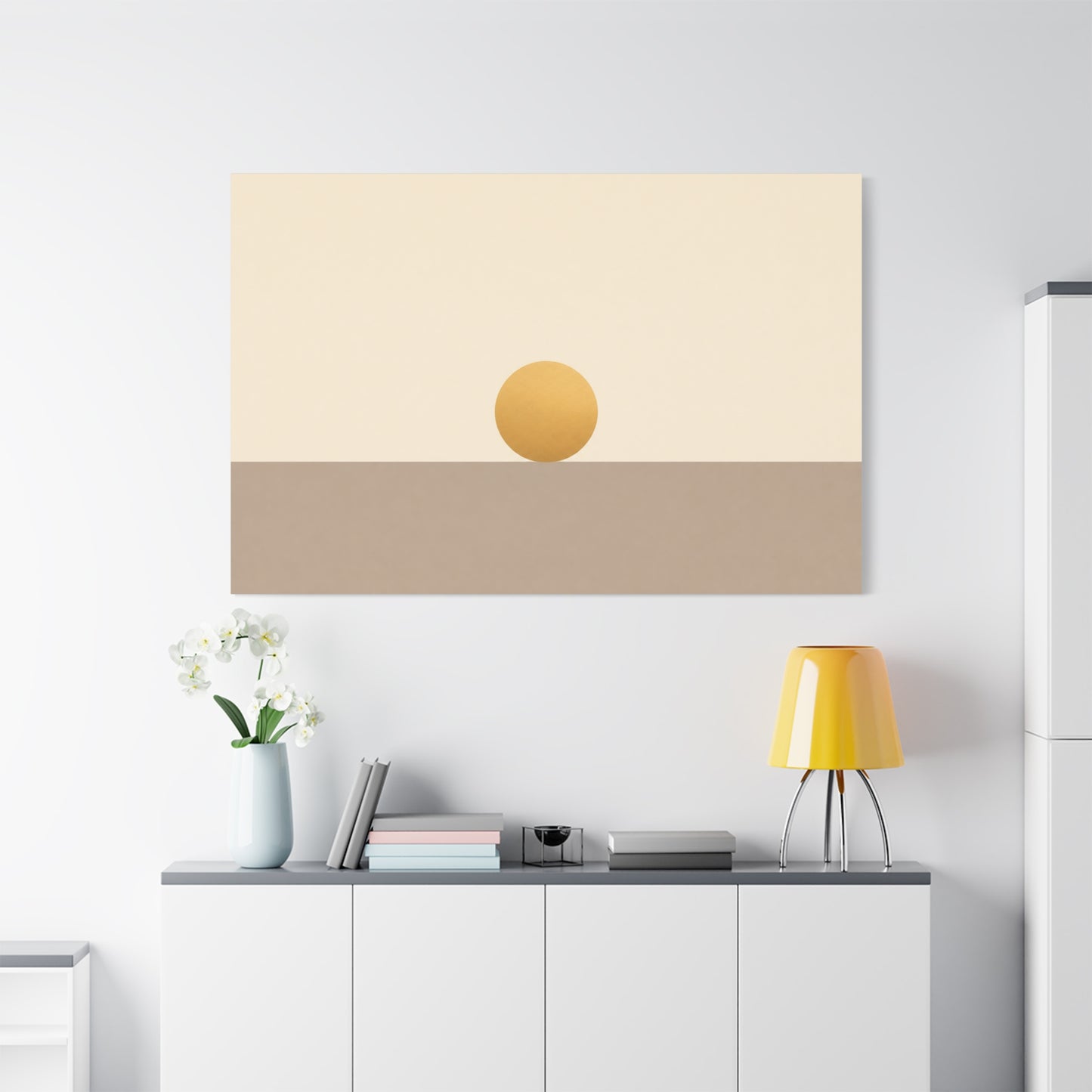 Minimalist Sun Horizon Canvas Wall Art - Abstract Geometric Desert Landscape Print - Neutral Beige And Gold - Contemporary Living Room Decor, Bedroom Home Decoration, Office Accent - Office Wall Art