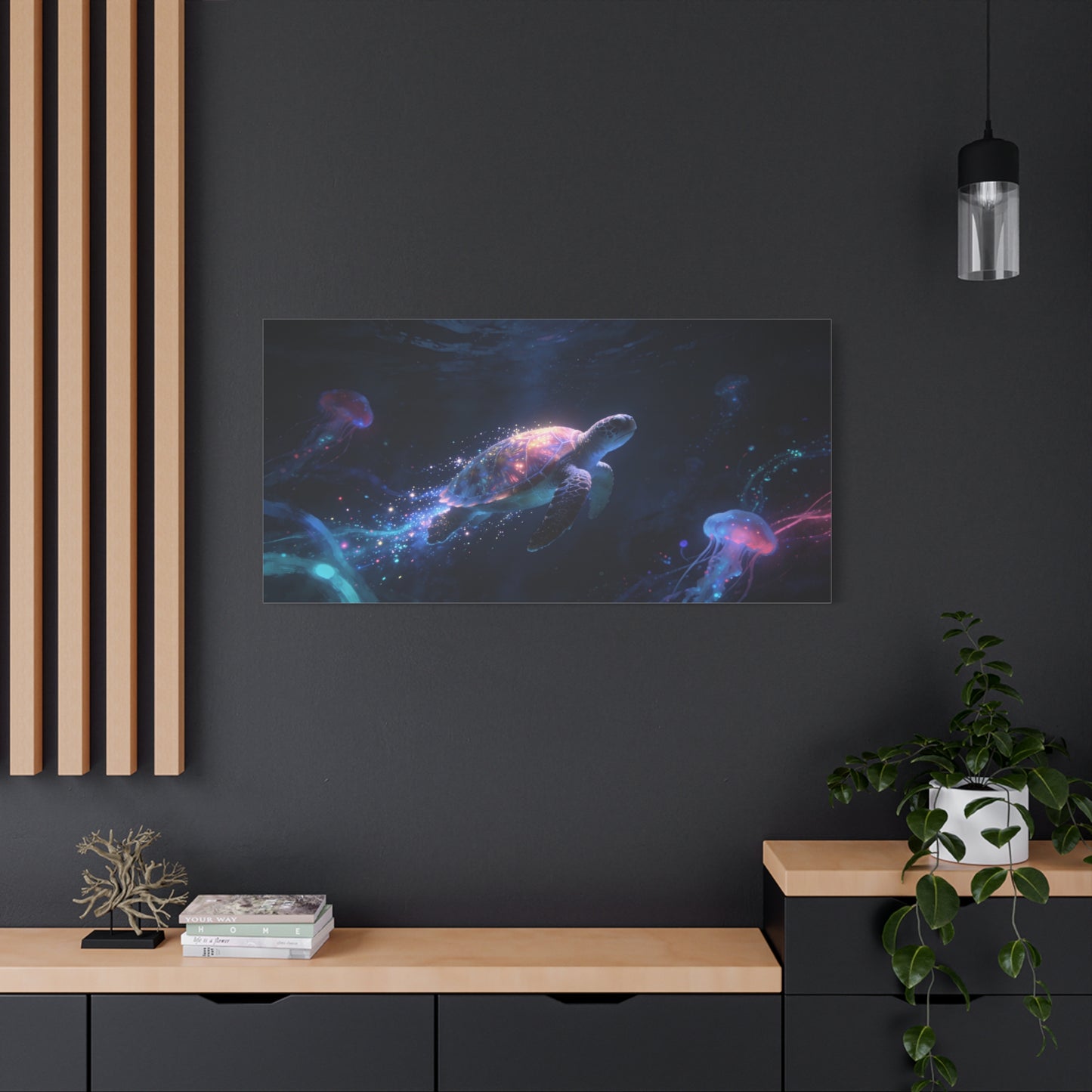 Sea Turtle Canvas Wall Art - Glowing Underwater Jellyfish Ocean Scene, Fantasy Marine Canvas Print - Contemporary Blue Seascape - Living Room Wall Decor, Bedroom Home Accent - Bedroom Home Decoration