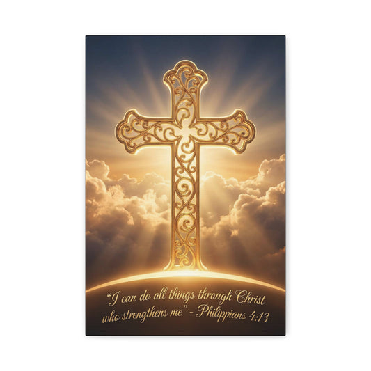 "I Can Do All Things Through Christ Who Strengthens Me" Cross Canvas Wall Art - Philippians 4:13 Scripture Decor, Golden Clouds Christian Wall Hanging, Bedroom Living Room - Bedroom Home Decoration
