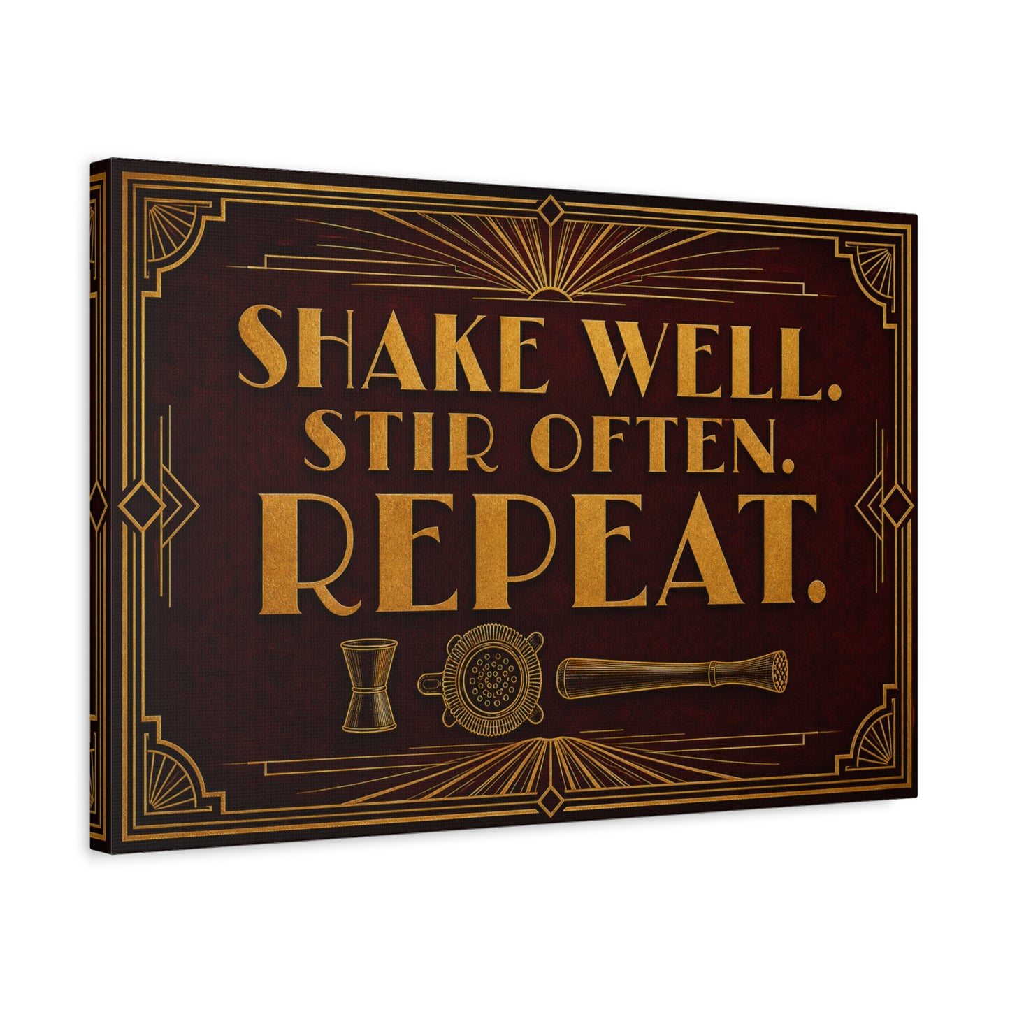 "Shake Well. Stir Often. Repeat." Cocktail Canvas Wall Art - Art Deco Bar Quote Print, Vintage Gold Typography, Speakeasy Lounge Decor, Home Bar Decoration - Ready to Hang - Tavern Wall Decor