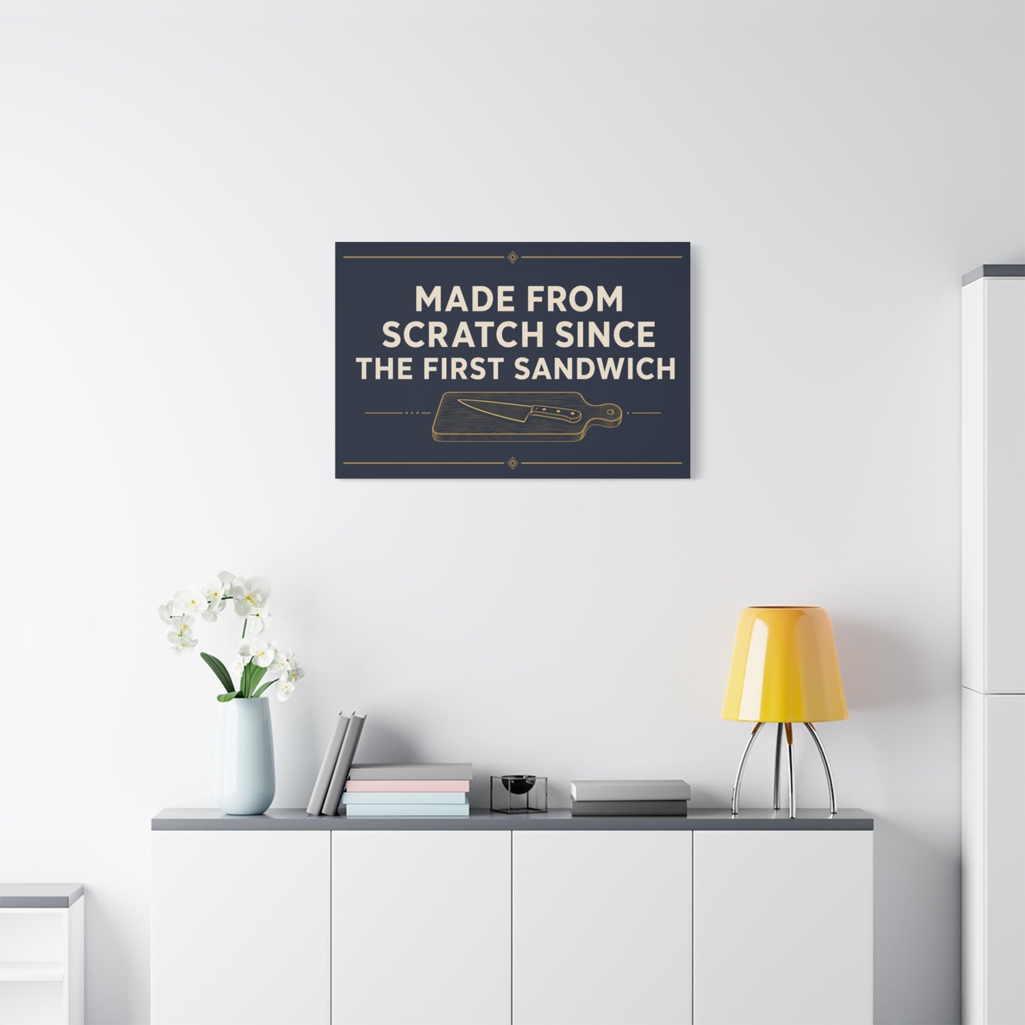 "Made From Scratch Since The First Sandwich" Canvas Wall Art - Quote Print, Navy And Gold Typography, Cutting Board Knife Illustration, Farmhouse Decor - Deli Wall Decor - Sandwich Shop Sign