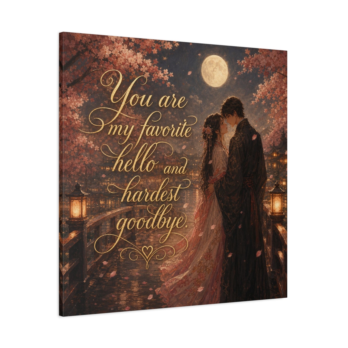 "You Are My Favorite Hello And Hardest Goodbye" Romantic Canvas Wall Art - Moonlit Cherry Blossom Couple, Gold Script Quote Print - Traditional Love Decor, Bedroom Wall Hanging - Cozy Reading Nook Art