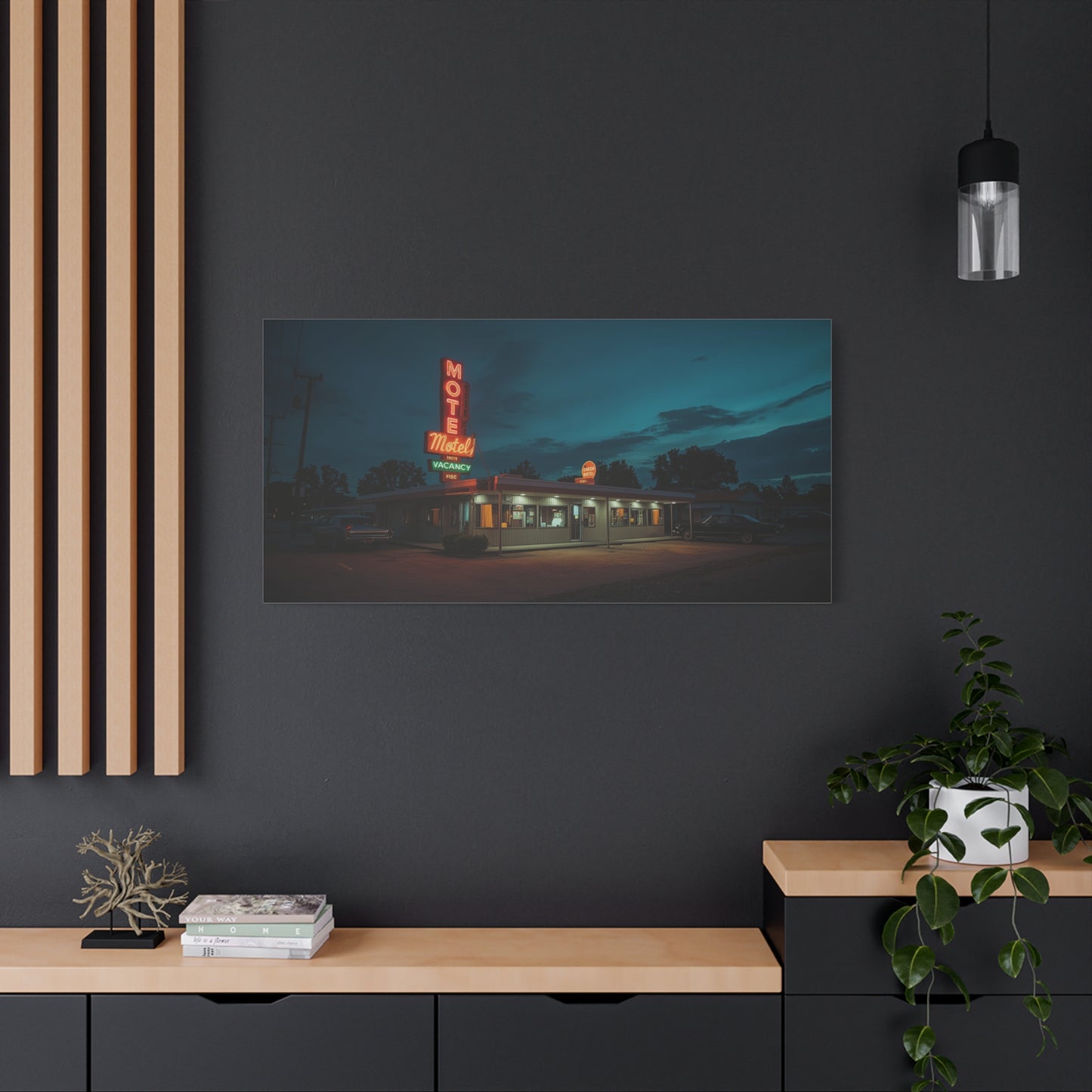 Neon Motel Canvas Wall Art - Vintage Roadside Motel Art Print, Blue Night Sky, Retro Americana Style - Living Room Wall Decor, Home Decoration, Office Art Accent - Bedroom Home Decoration