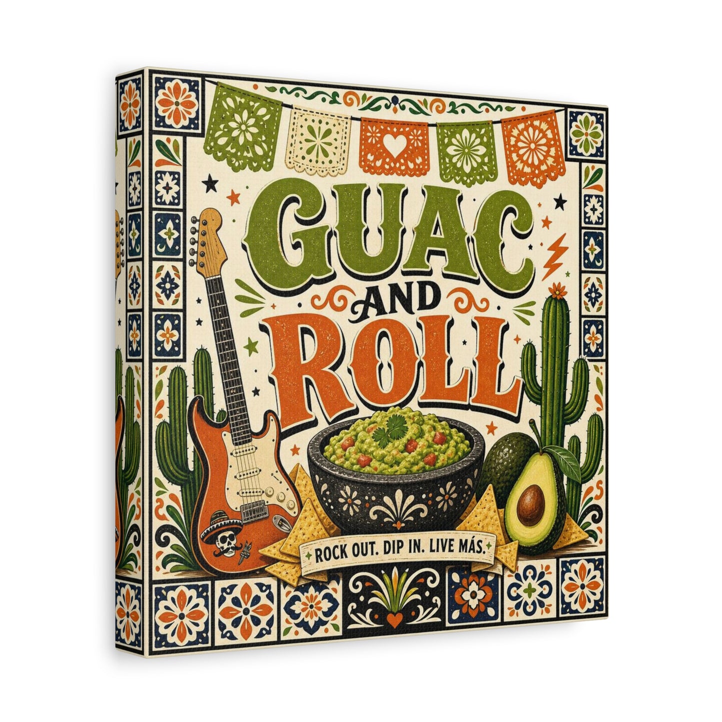 "Guac And Roll" Typography Canvas Wall Art - Fiesta Guitar, Cactus, Avocado Folk Illustration - Bohemian Rustic Style - Kitchen Wall Decor, Dining Room Accent, Cafe Wall Decor - Modern Farmhouse Style