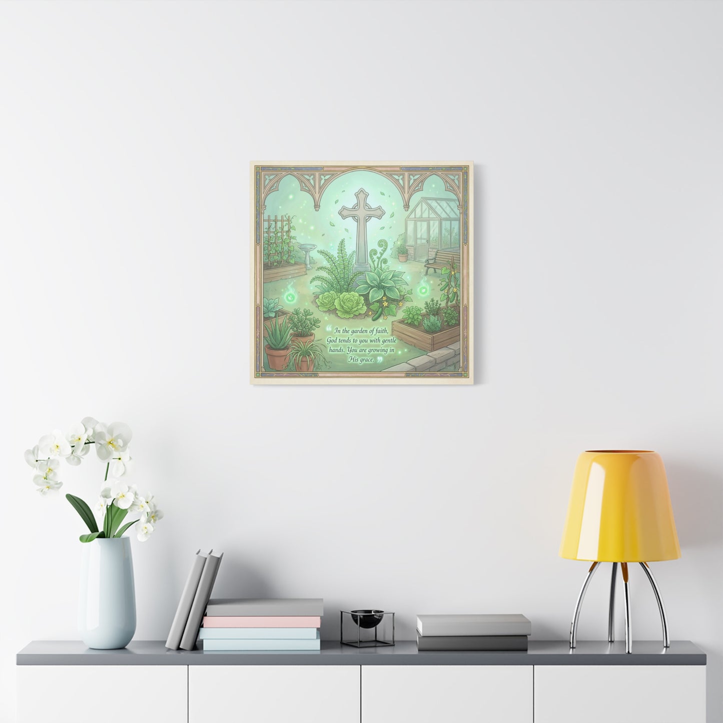 "In The Garden Of Faith" Christian Canvas Wall Art - Cross Garden Quote Print - Botanical Scripture Decor, Matte Cotton Canvas - Traditional Religious Wall Decor For Bedroom Office - Ready to Hang
