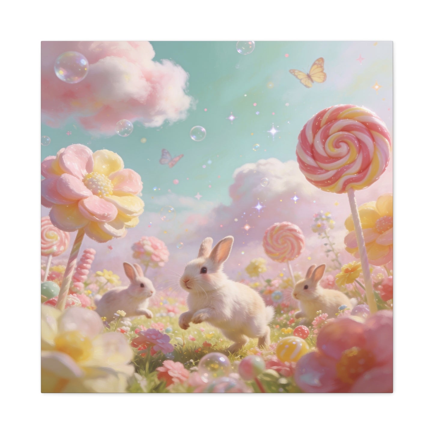 Bunny Candyland Canvas Wall Art - Pastel Rabbit Meadow, Lollipop Flowers, Dreamy Nursery Wall Decor - Whimsical Illustration - Bedroom Home Decoration, Kids Room Accent - Bedroom Home Decoration