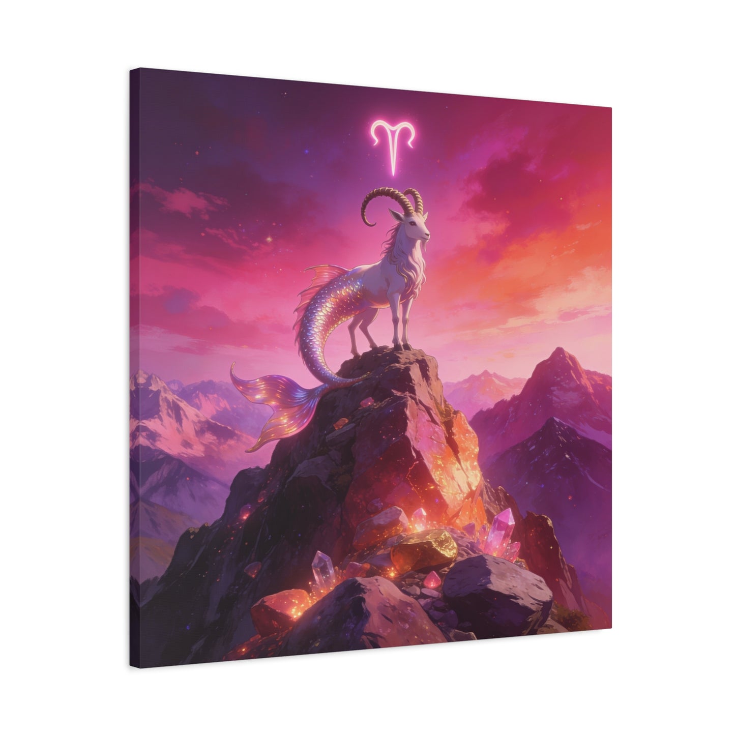 Aries Zodiac Mermaid Goat Canvas Wall Art - Fantasy Mountain Crystal Scene - Pink Purple Celestial Illustration - Modern Mystical Decor, Bedroom Home Decoration, Office Wall Art - Ready to Hang