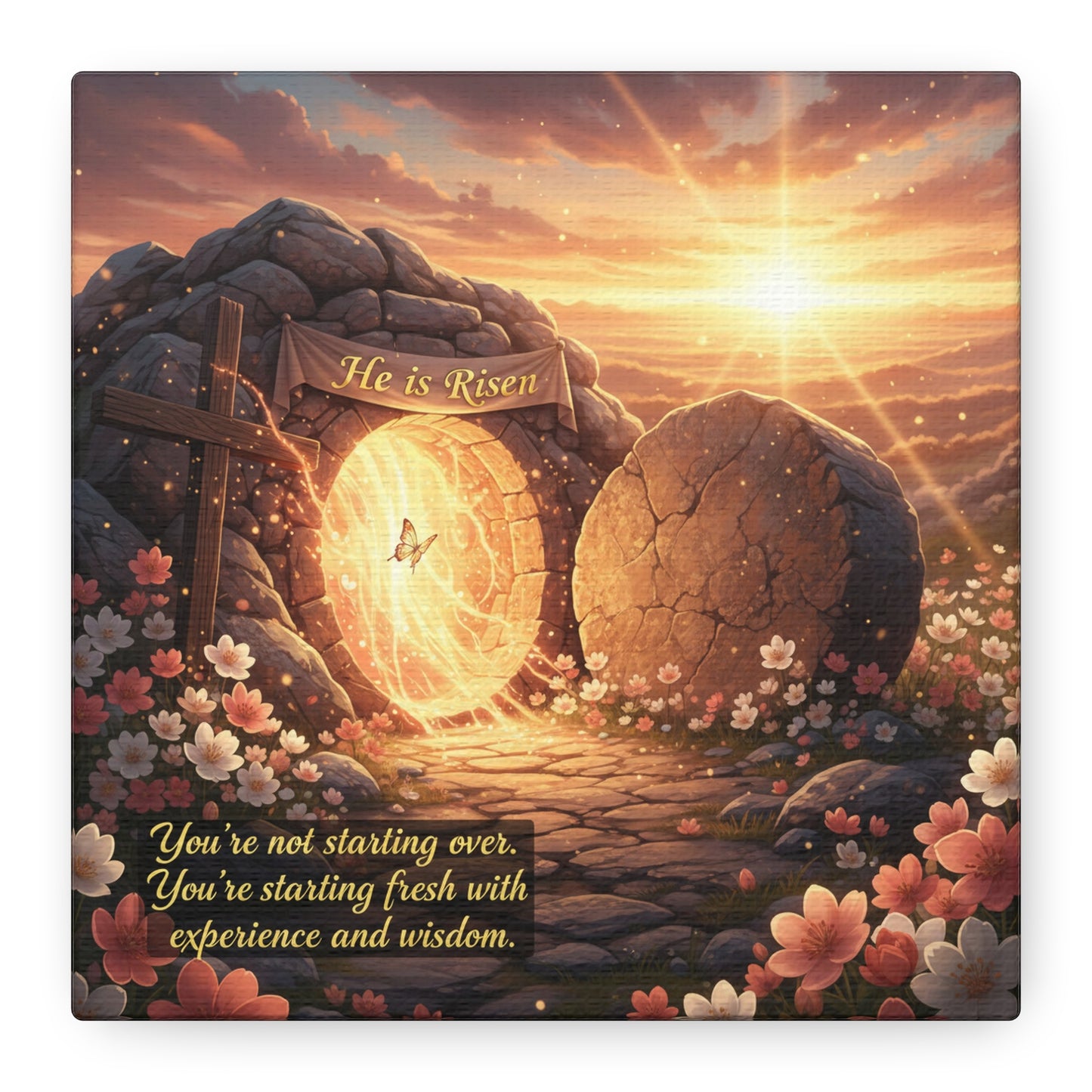 "He Is Risen" Christian Canvas Wall Art - Empty Tomb Cross Sunrise Scripture Print - Floral Faith Home Decoration - Modern Farmhouse Style