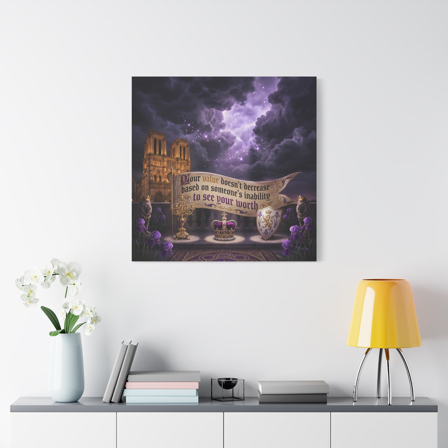 "Your Value Doesn't Decrease Based On Someone's Inability To See Your Worth" Canvas Wall Art - Gothic Cathedral, Purple Sky, Crown And Lions - Inspirational Home Decor - Living Room Bedroom