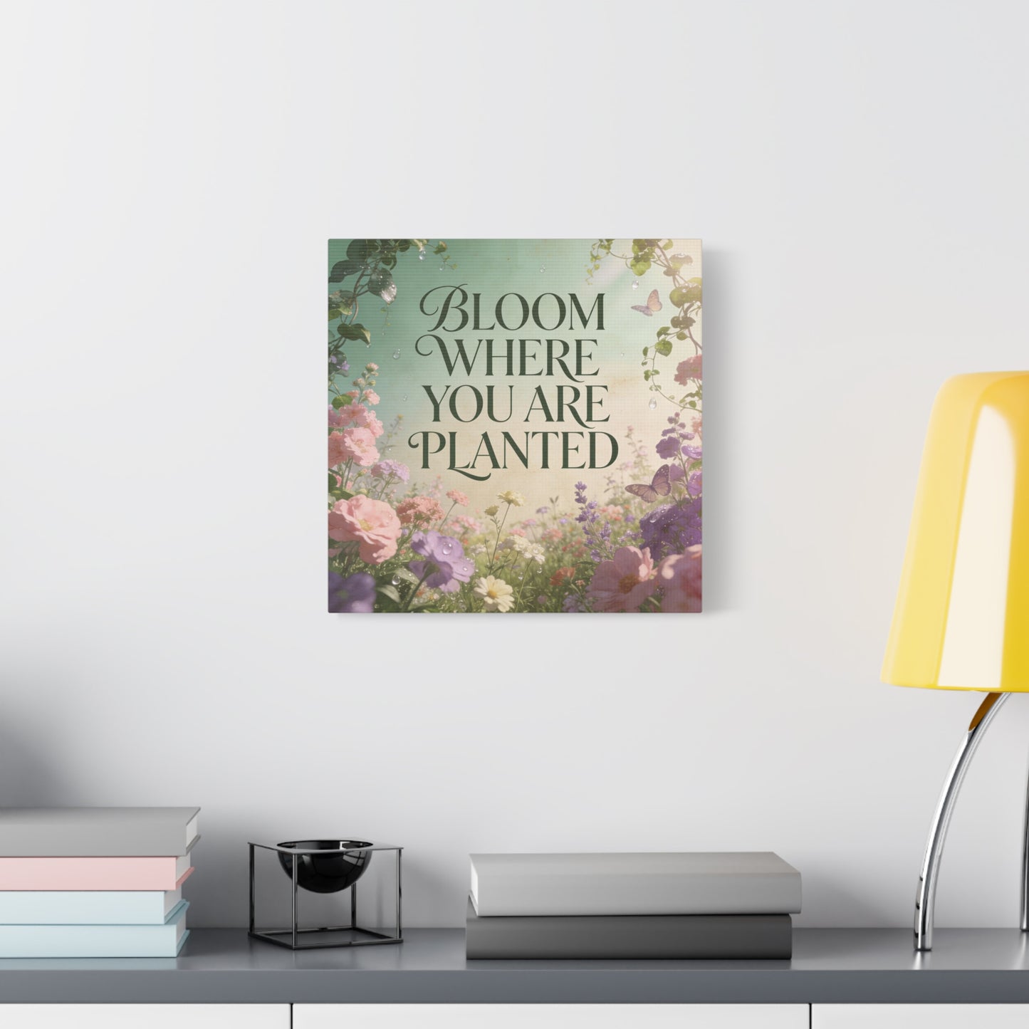 "Bloom Where You Are Planted" Inspirational Canvas Wall Art - Floral Butterfly Quote Print, Pastel Garden Typography Decor, Modern Farmhouse Style, Bedroom Home Decoration - Living Room Wall Decor