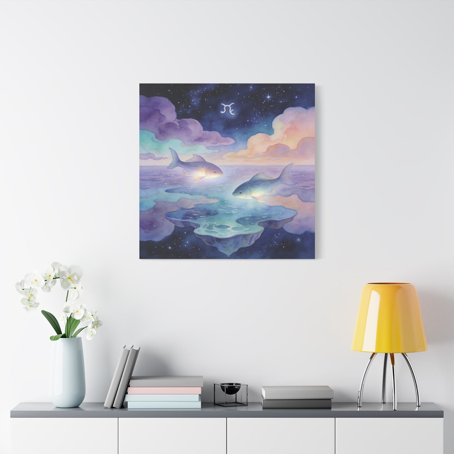 Pisces Zodiac Canvas Wall Art - Celestial Fish Over Dreamlike Sea, Watercolor Illustration - Mystical Night Sky, Matte Canvas Print - Bedroom Wall Decor, Meditation Space Accent - Ready to Hang