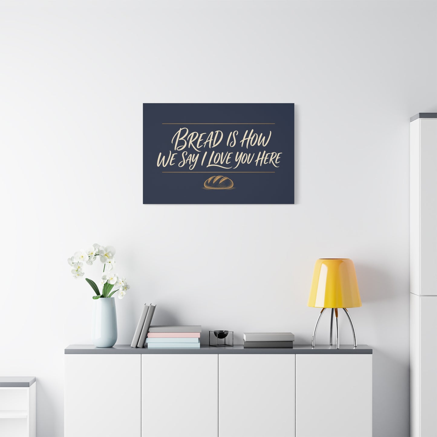 "Bread Is How We Say I Love You Here" Canvas Wall Art - Bread Quote Decor, Navy And Gold Typography Print, Farmhouse Decoration, Bakery Wall Hanging Accent - Modern Farmhouse Style - Diner Decor