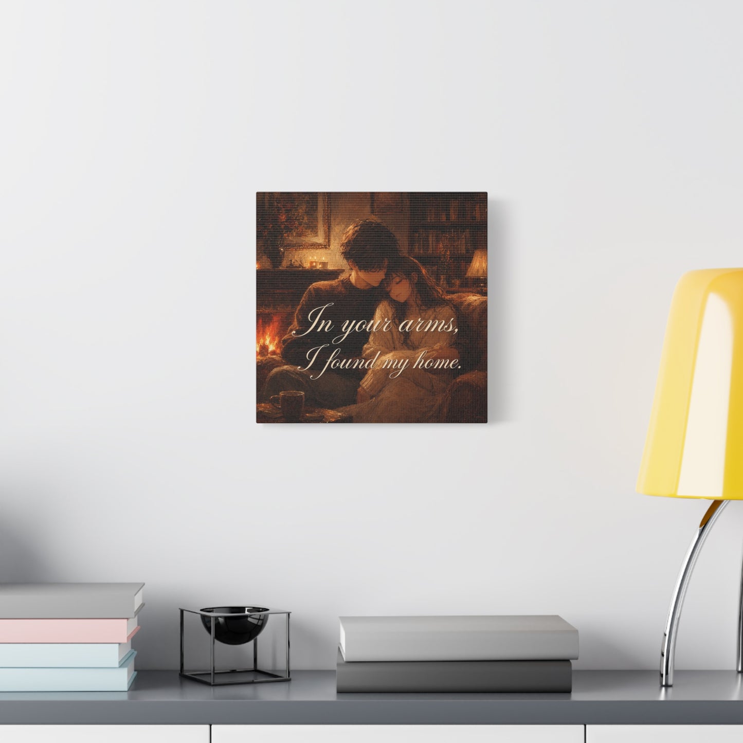 "In Your Arms, I Found My Home" Romantic Couple Canvas Wall Art - Cozy Fireplace Library Scene, Warm Vintage Style - Bedroom Home Decoration, Living Room Accent - Ready to Hang - Office Wall Art