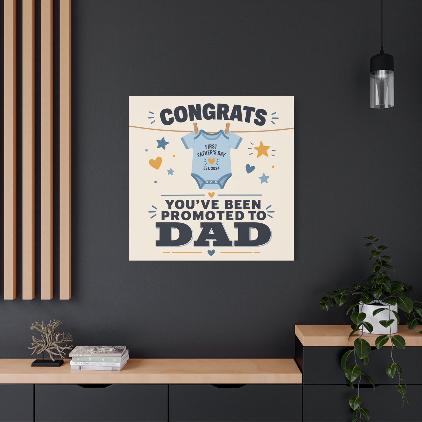 "Congrats You've Been Promoted To Dad" Canvas Wall Art - Baby Onesie Quote Print, Blue And Gold Typography Decor - Nursery Bedroom Wall Hanging - Bedroom Home Decoration - Modern Farmhouse Style