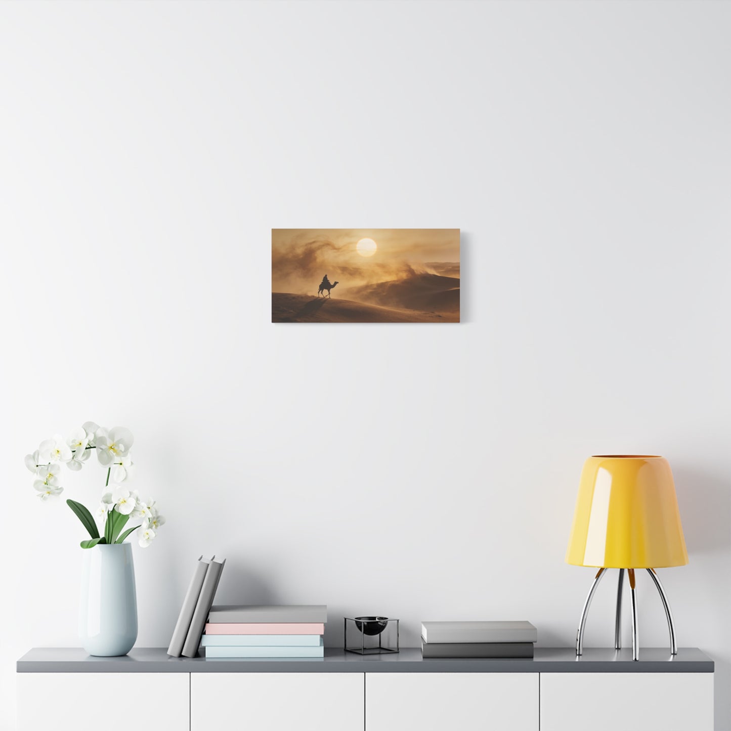 Desert Camel Rider Canvas Wall Art - Golden Sun Sand Dunes Landscape Print - Matte Cotton Artwork, Contemporary Style - Living Room Wall Decor, Bedroom Home Decoration - Bedroom Home Decoration