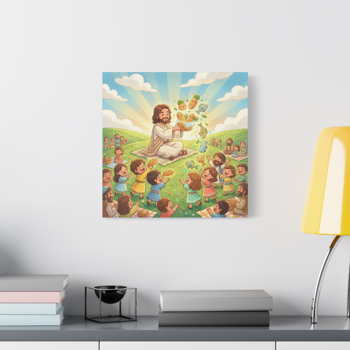 Jesus Feeding Multitude Canvas Wall Art - Loaves And Fish Bible Scene, Christian Nursery Decor - Matte Cotton Print, Kids Room Wall Decor, Sunday School Classroom - Bedroom Home Decoration
