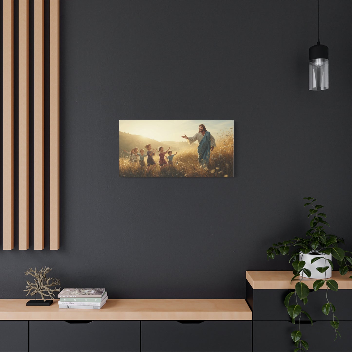 Jesus Christ With Children Canvas Wall Art - Golden Meadow Christian Print - Matte Cotton Ready to Hang - Traditional Religious Decor for Living Room, Bedroom, Nursery, Office - Living Room Wall Decor