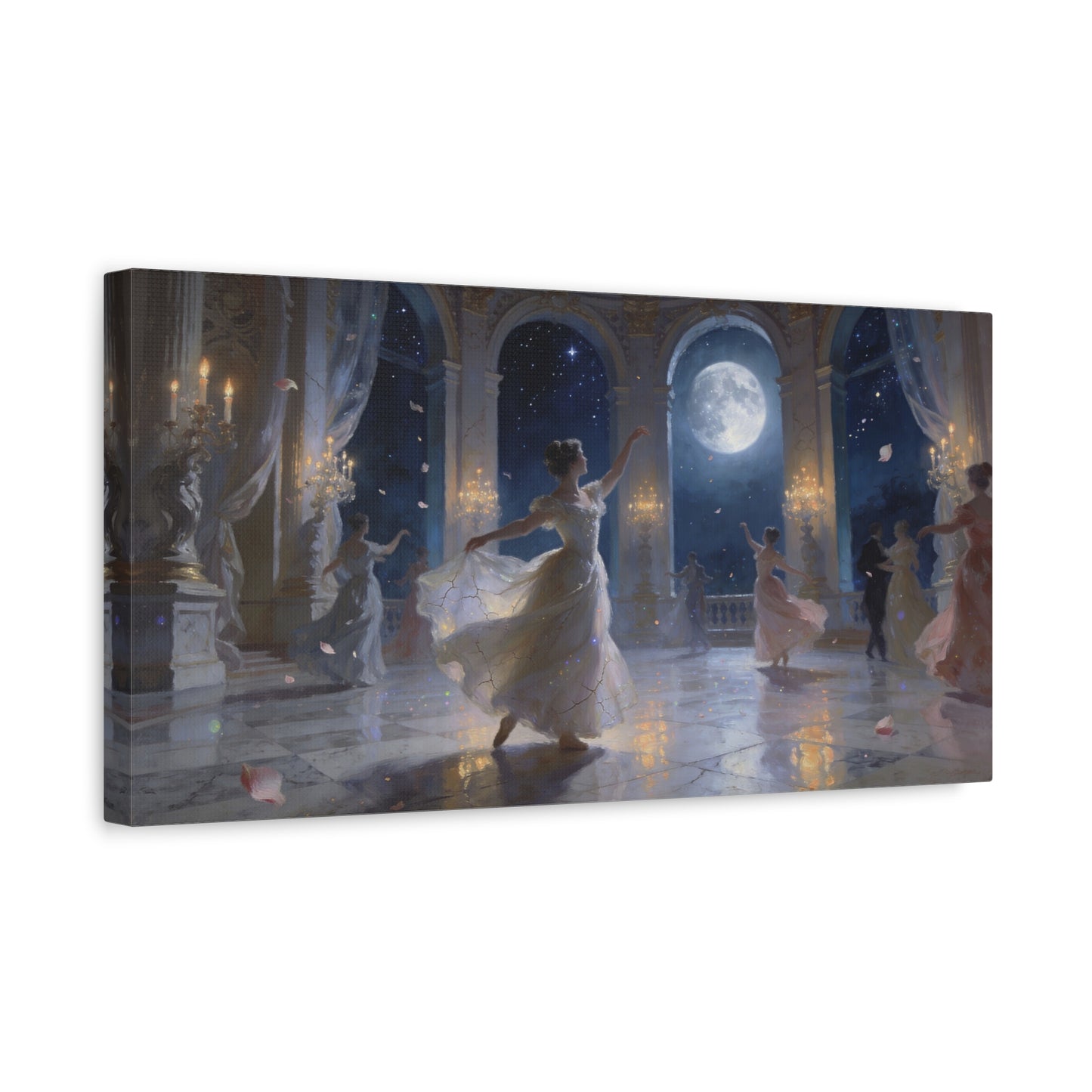 Moonlit Ballroom Dance Canvas Wall Art - Romantic Palace Night Scene, Elegant Dancers, Full Moon Arches - Dreamy Matte Canvas Print - Bedroom Wall Decor, Living Room Accent - Bedroom Home Decoration