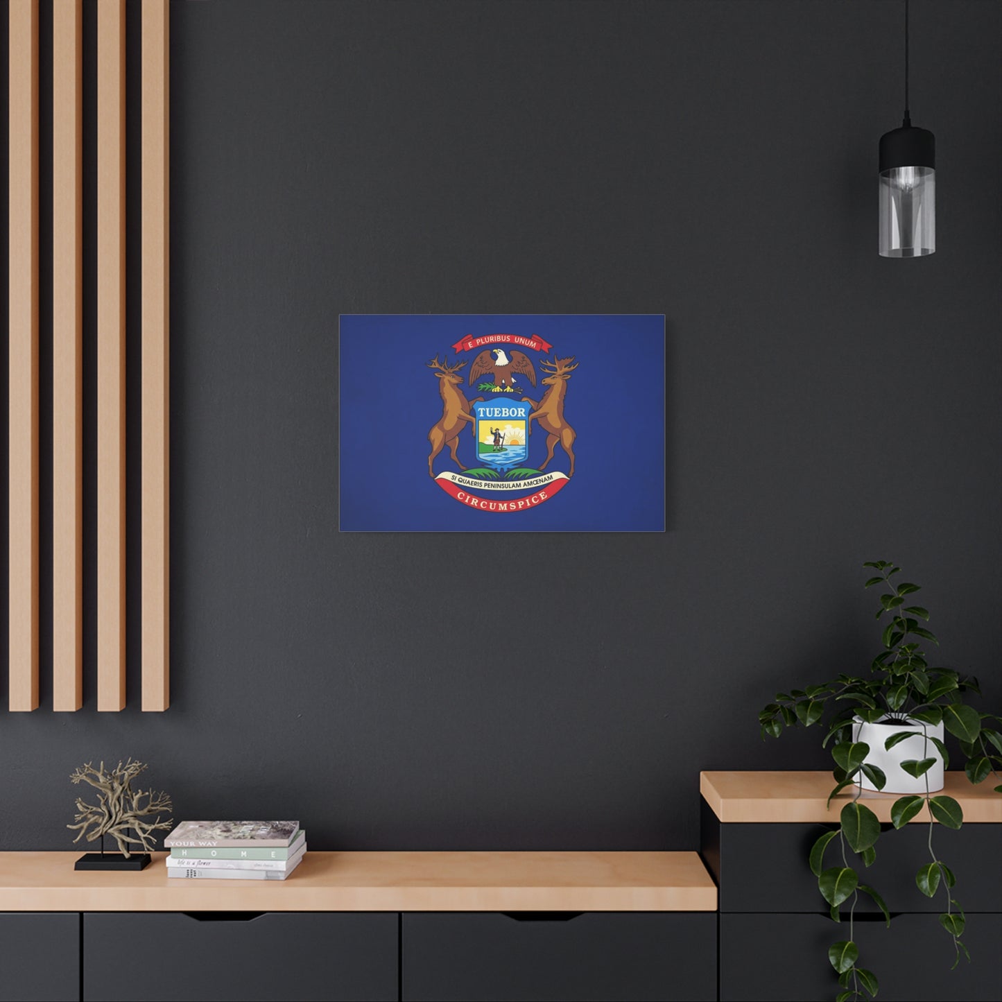 "E Pluribus Unum" Michigan State Flag Canvas Wall Art - Blue Crest With Elk Eagle And "Tuebor" - Vintage Heraldic Decor, Living Room Wall Decor, Office Art - Bedroom Home Decoration - Ready to Hang