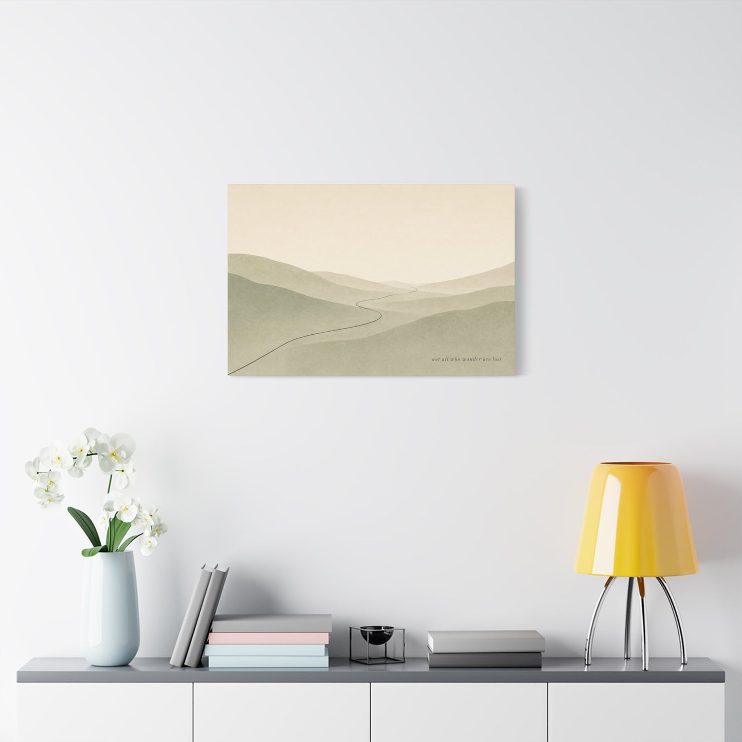 "Not All Who Wander Are Lost" Minimalist Landscape Canvas Wall Art - Misty Hills, Winding Path, Neutral Sage Beige Tones - Modern Wall Decor For Bedroom, Living Room, Home Office - Ready to Hang