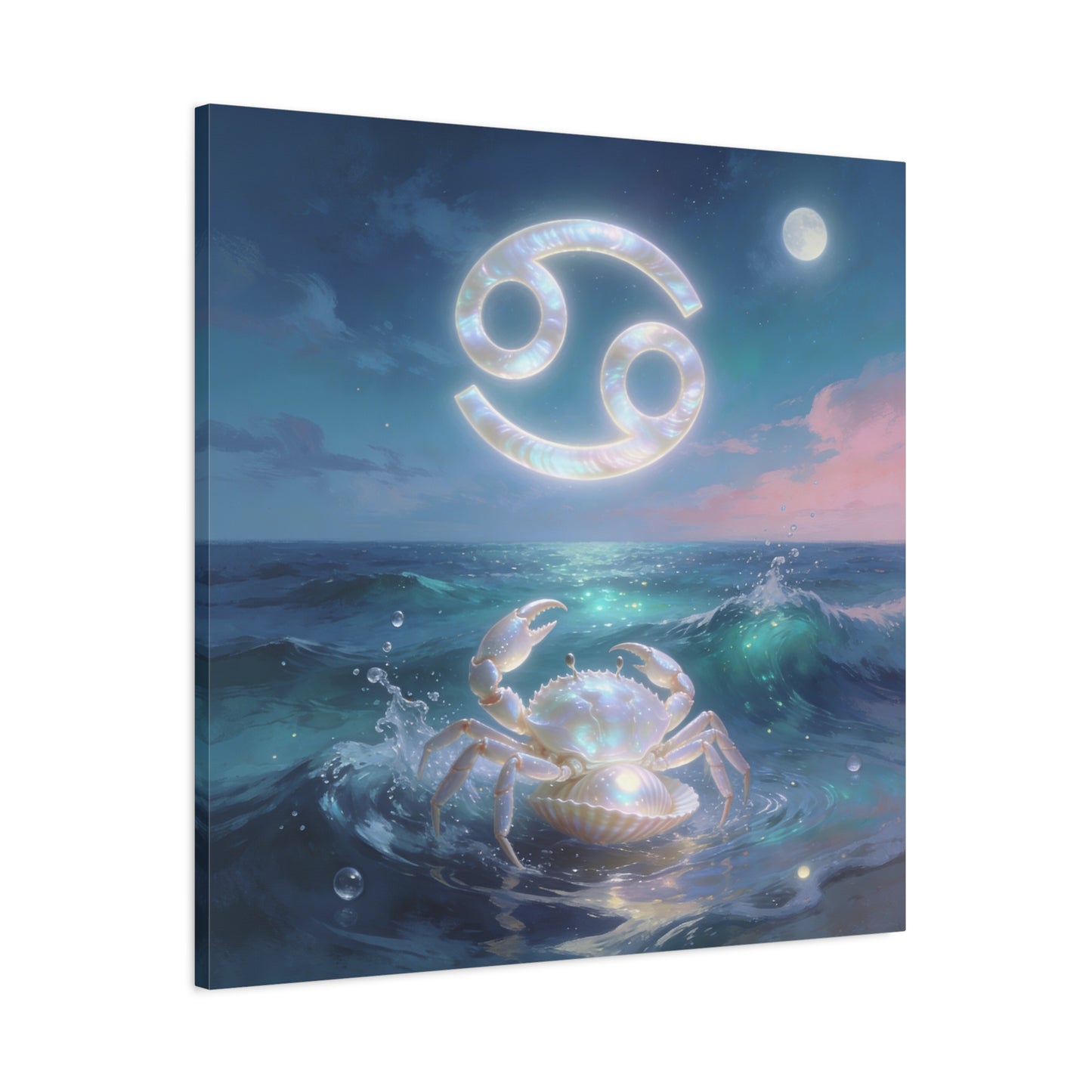 Cancer Zodiac Canvas Wall Art - Moonlit Ocean Crab, Iridescent Shell Symbol - Coastal Celestial Print, Dreamy Blue Seascape - Bedroom Home Decoration, Living Room Wall Decor - Bedroom Home Decoration