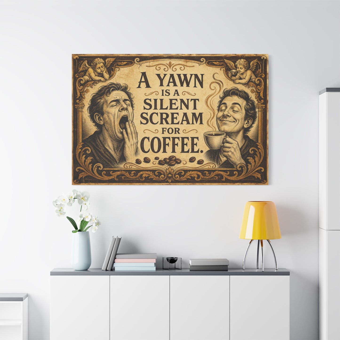 "A Yawn Is A Silent Scream For Coffee" Funny Coffee Canvas Wall Art - Vintage Cherub Quote Print, Sepia Cafe Style, Office Humor - Cafe Wall Art - Bistro Decor - Espresso Bar Sign - Ready to Hang