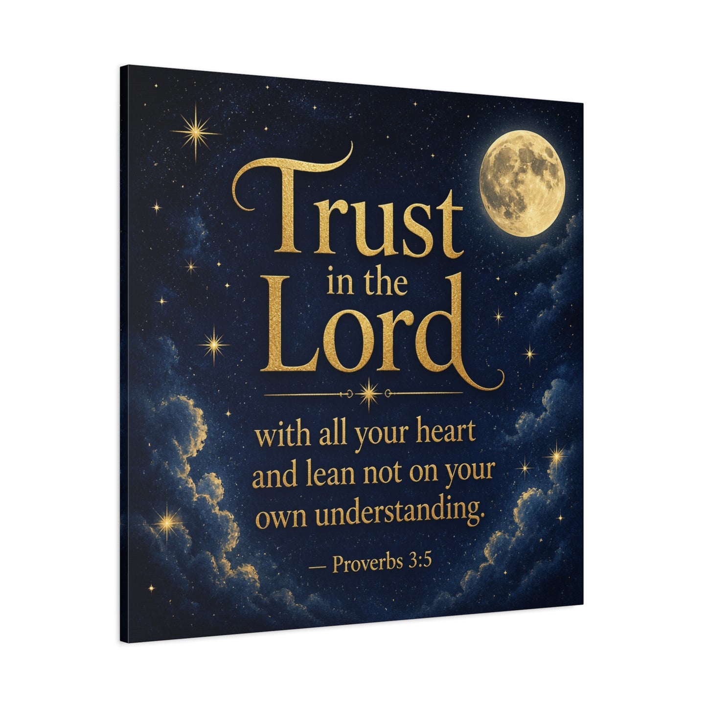 "Trust In The Lord" Bible Verse Canvas Wall Art - Moonlit Scripture Quote, Gold Typography, Christian Wall Decor - Traditional Night Sky Design - Bedroom Living Room Decoration - Ready to Hang
