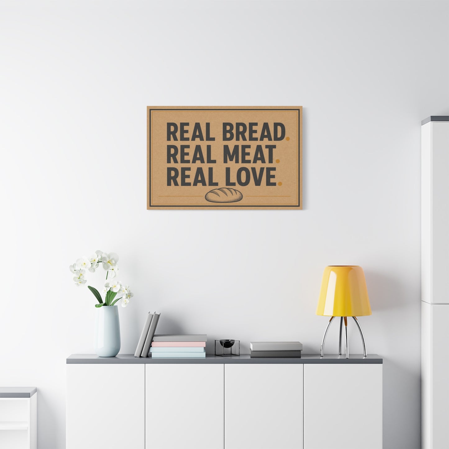 "Real Bread. Real Meat. Real Love." Canvas Wall Art - Rustic Typography Food Sign - Farmhouse Neutral Canvas Print - Bakery Style - Ready to Hang - Deli Wall Decor - Sandwich Shop Sign - Diner Decor