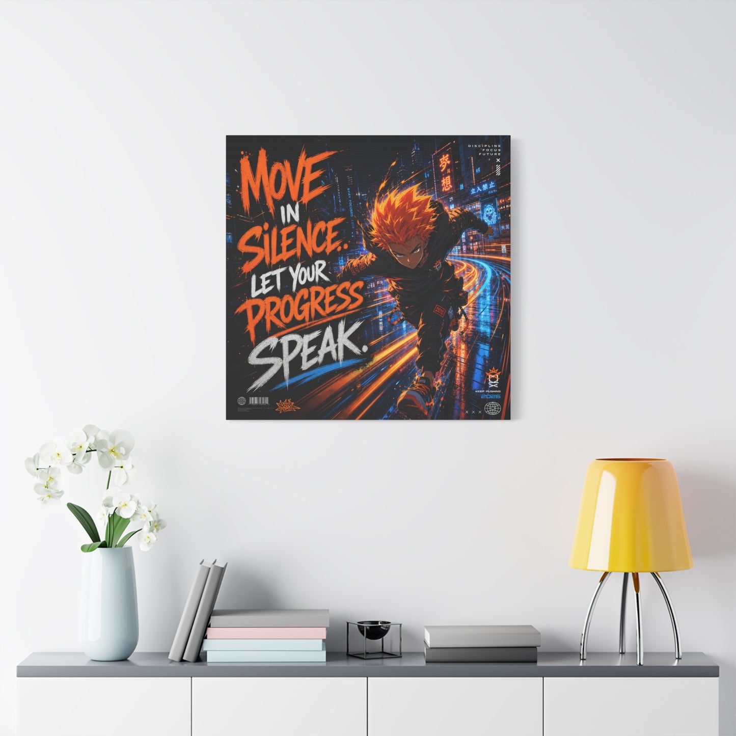"Move In Silence Let Your Progress Speak" Anime Canvas Wall Art - Cyberpunk Runner Motivational Quote Print, Neon City Street Illustration - Teen Bedroom Decor, Home Office Accent - Office Wall Art