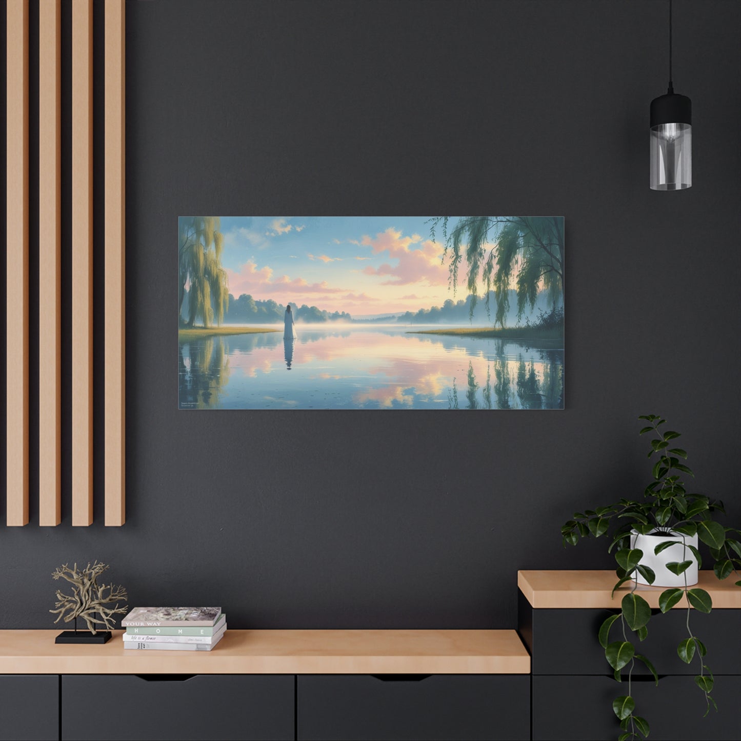 Woman In White By Misty Lake Canvas Wall Art - Pastel Sunrise Waterscape, Willow Trees Reflection - Matte Cotton Print - Contemporary Landscape Decor For Living Room Bedroom Office - Office Wall Art